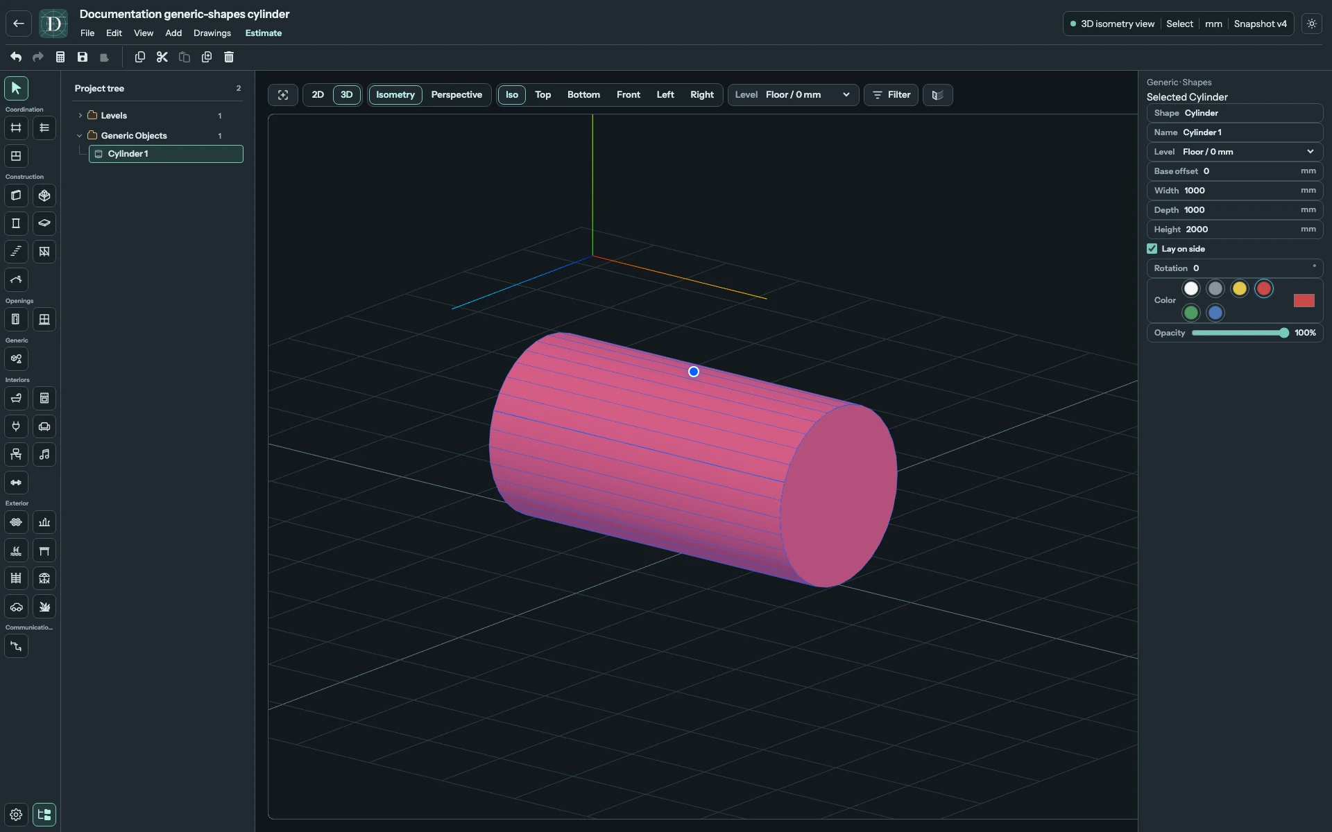 The same 1000 × 1000 × 2000 mm values now produce a horizontal cylinder, 2000 mm long and 1000 mm high. Complete 3D editor showing the same Cylinder lying horizontally with Lay on side checked.