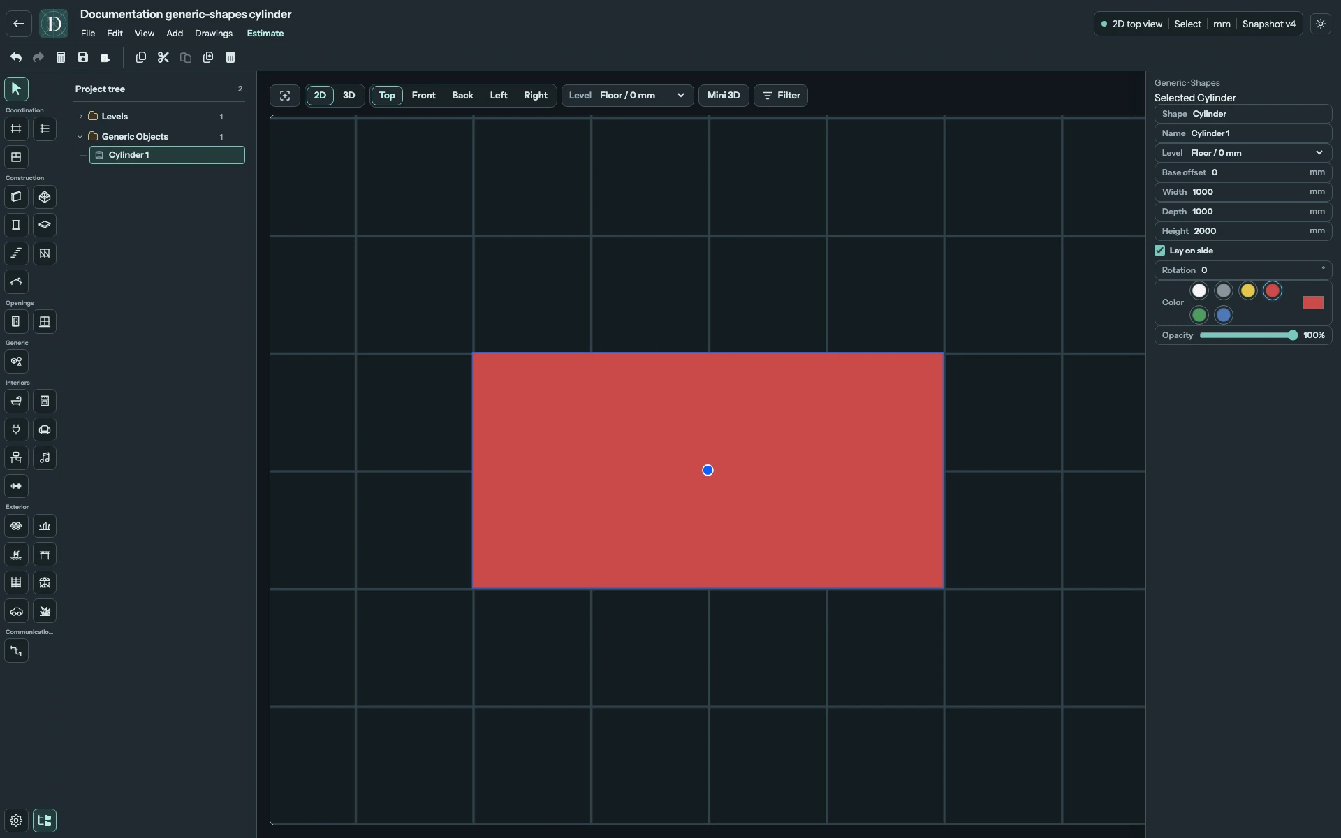 Top now shows the 2000 × 1000 mm footprint. This change comes from orientation rather than changing the dimension values. Complete Top editor showing the horizontal Cylinder's rectangular footprint and unchanged dimension fields.