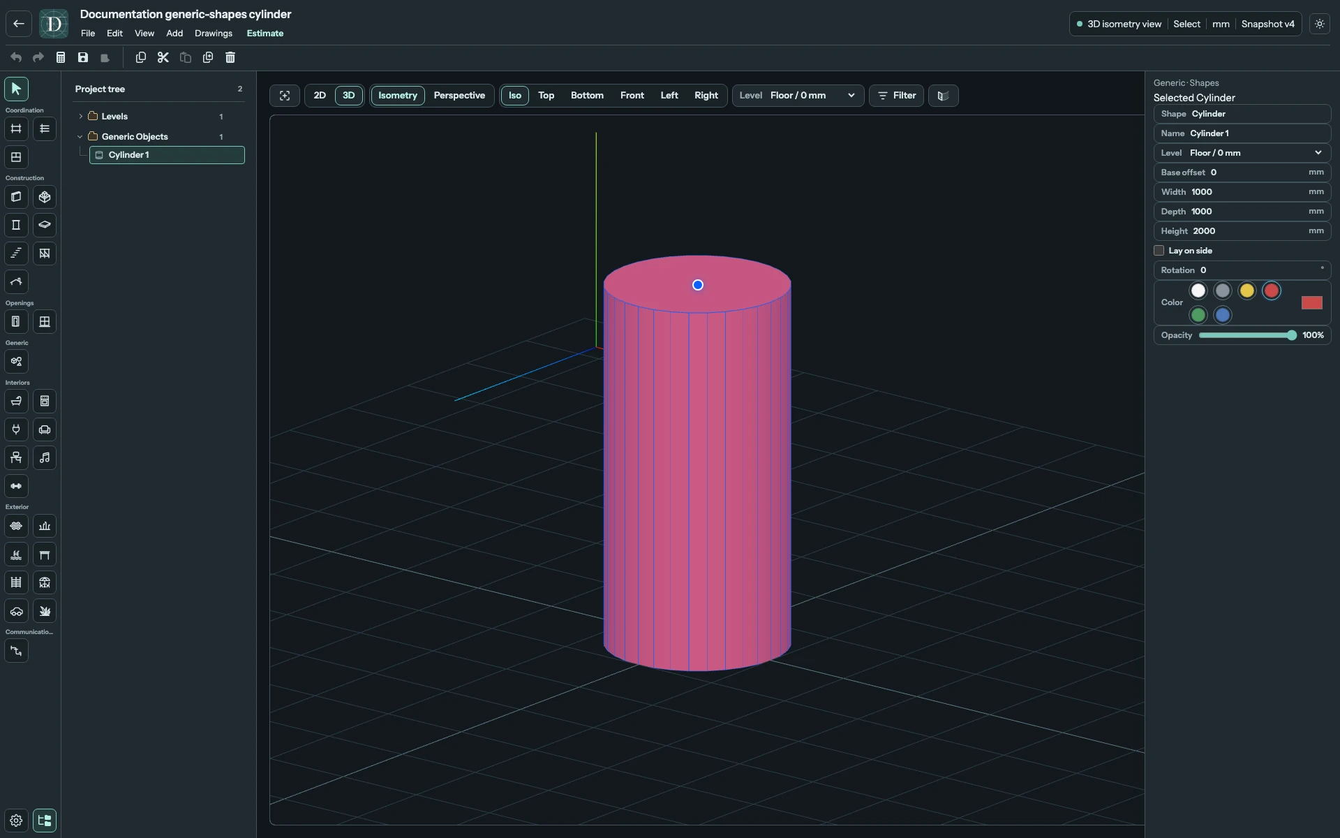 Upright, Height is the vertical axis length. Complete 3D editor showing the selected upright Cylinder and the unchecked Lay on side control.