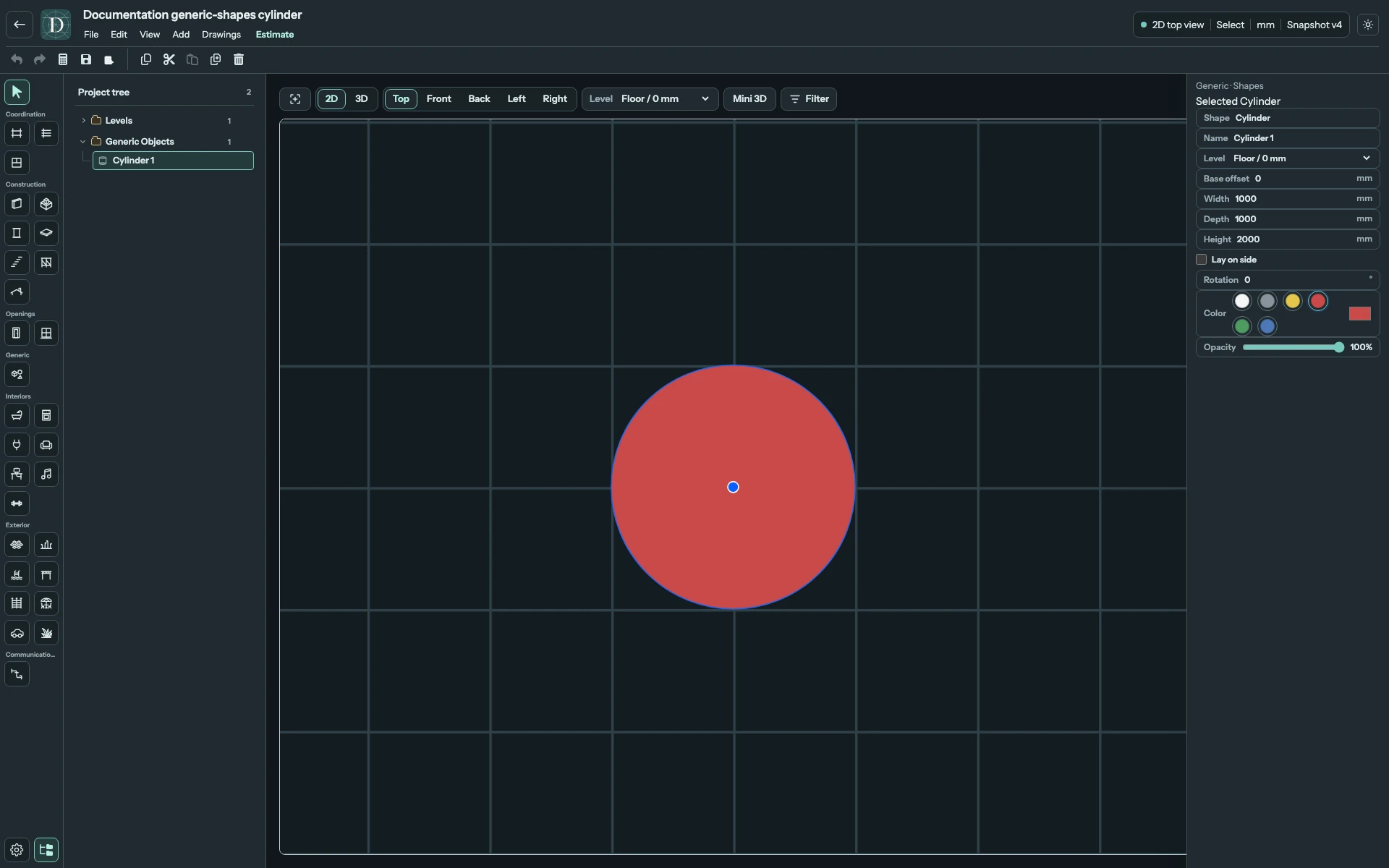 Width and Depth both equal 1000 mm, so the upright footprint is circular. Complete Top editor showing the upright Cylinder's circular footprint.
