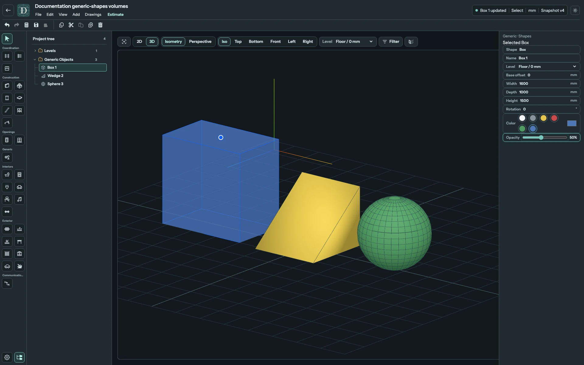 Opacity affects the selected Box; the neighboring Shapes retain their own opacity and color. Complete 3D editor showing the selected blue Box at 50 percent opacity beside the opaque Wedge and Sphere.
