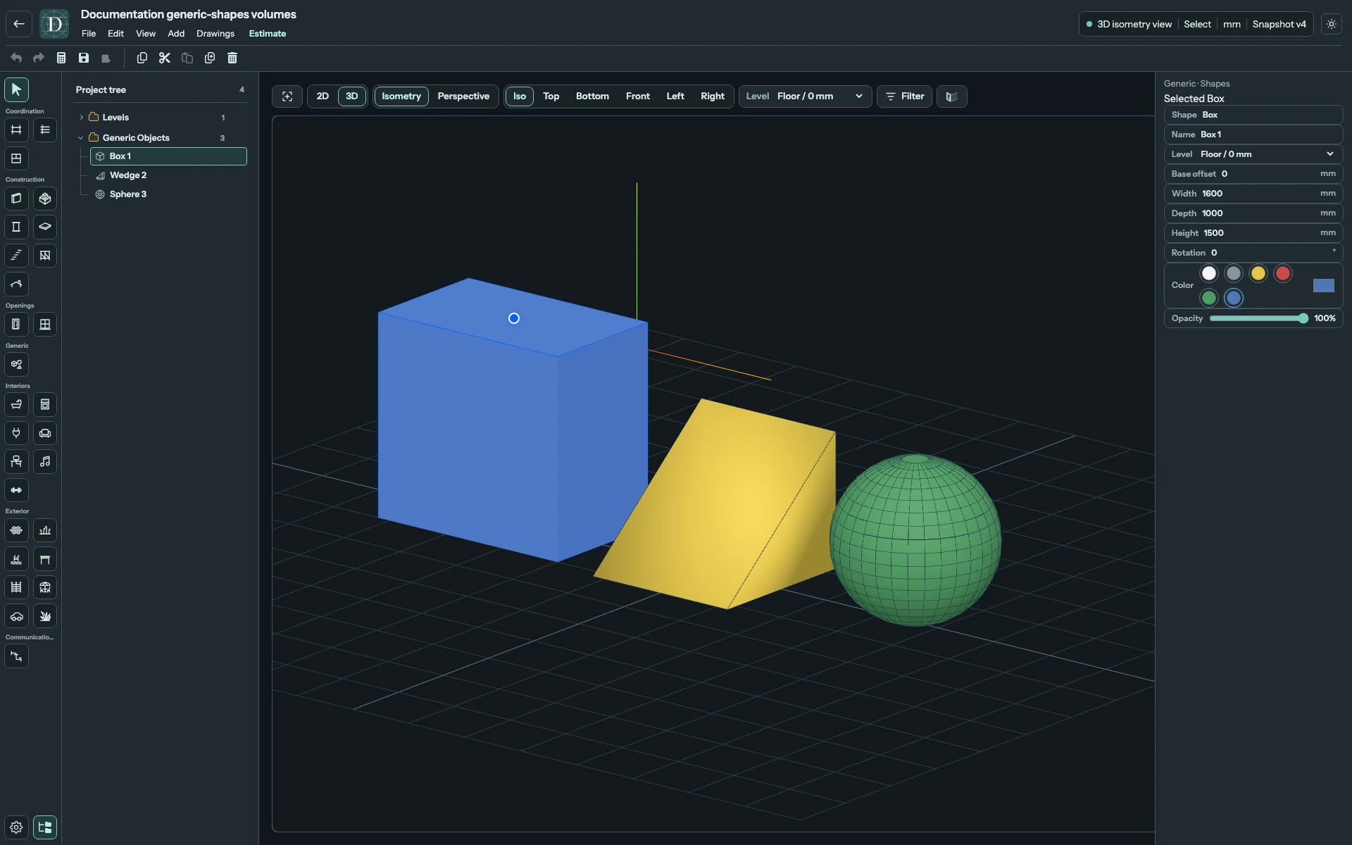 The Box example is 1600 × 1000 × 1500 mm. The Wedge and Sphere illustrate different volumes beside it; each Shape remains independently editable. Complete 3D editor focused on a blue Box, yellow Wedge and green Sphere with the selected Box settings.