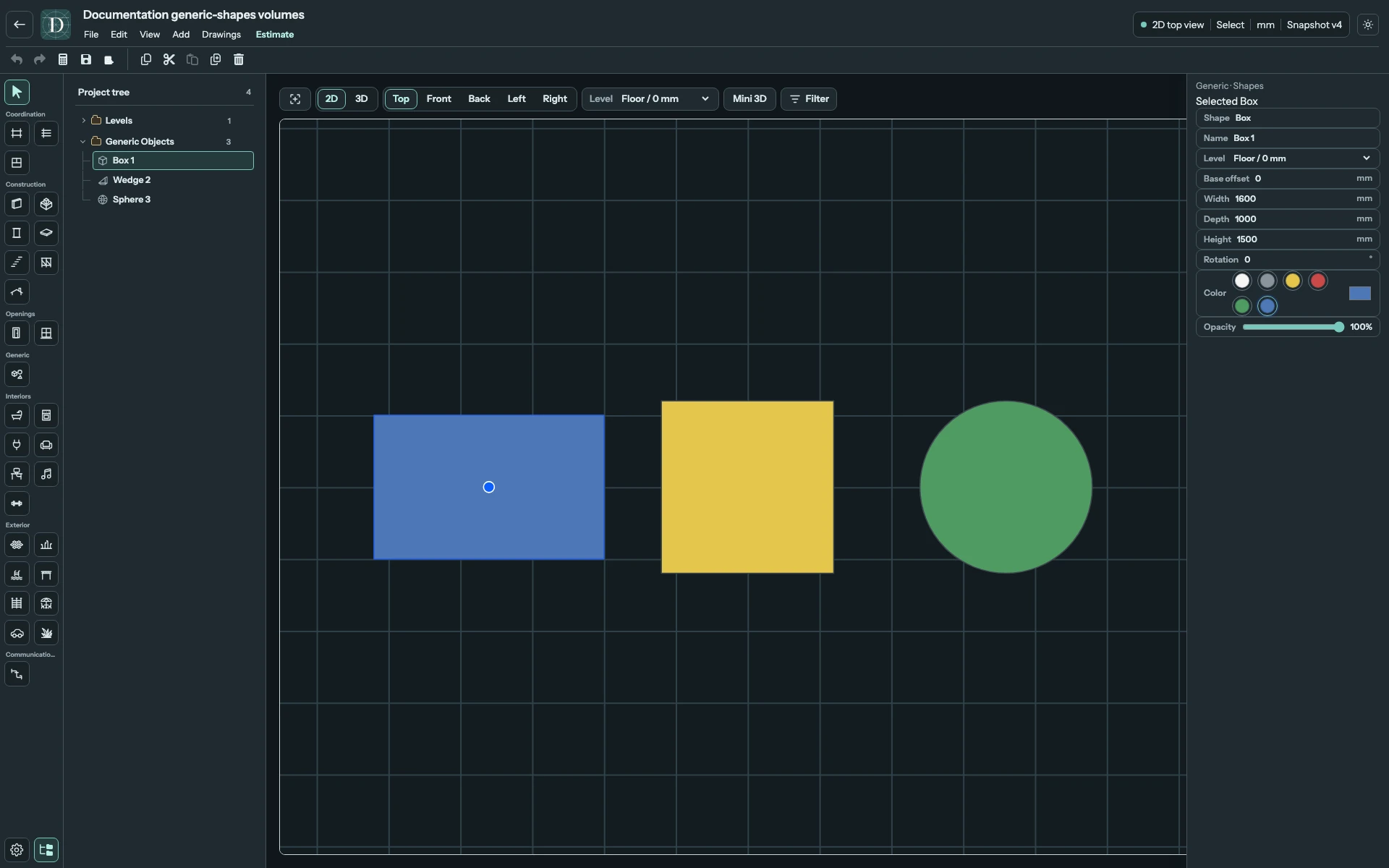Box and Wedge both have rectangular footprints. The Sphere has a circular footprint here because Width and Depth match; 3D explains the different volumes. Complete Top editor focused on Box, Wedge and Sphere footprints.