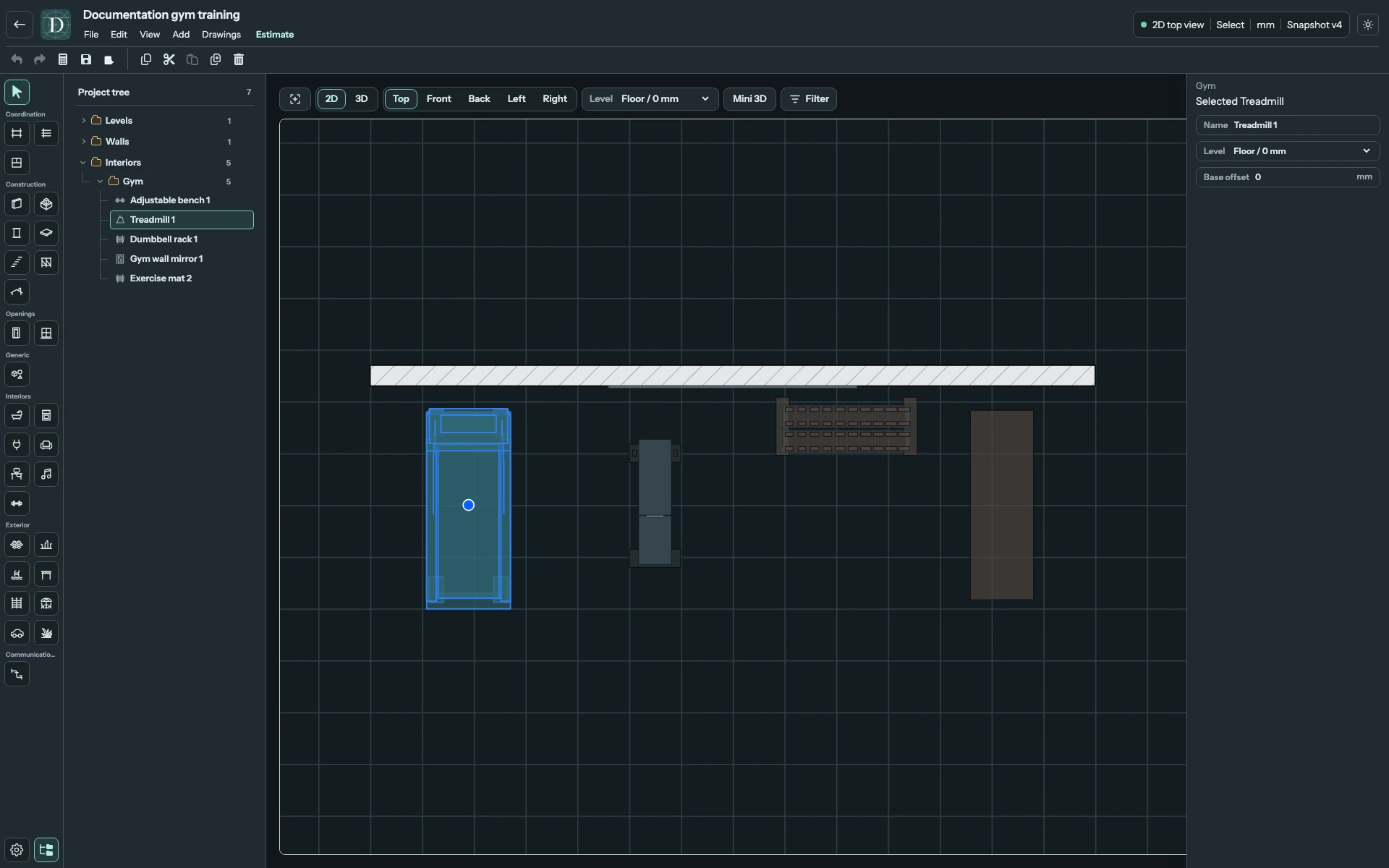 Full editor in Top 2D showing the treadmill, bench, dumbbell rack, exercise mat and mirror along a Wall.