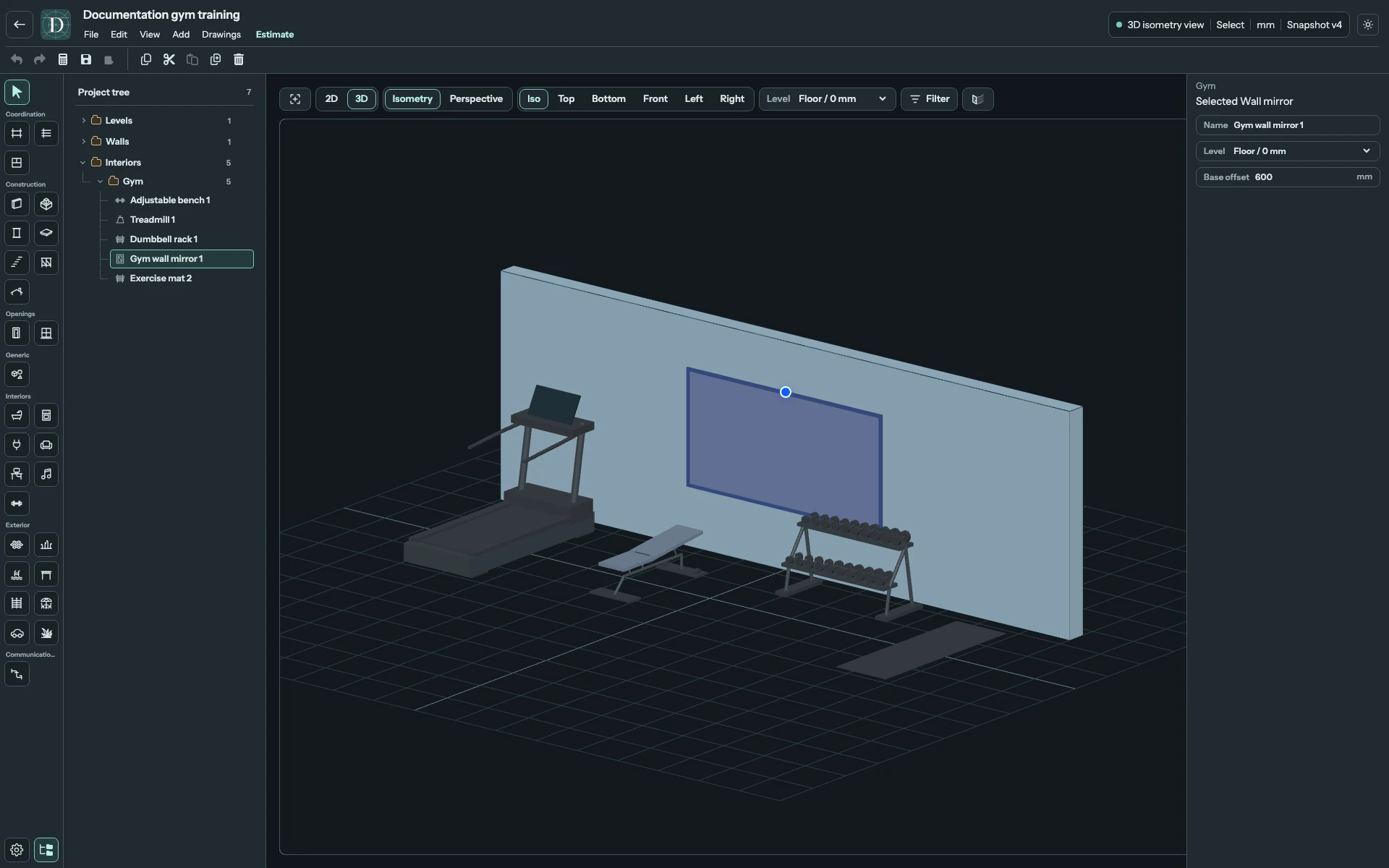 Full editor with the Wall mirror selected beside the training equipment and Base offset set to 600 mm.