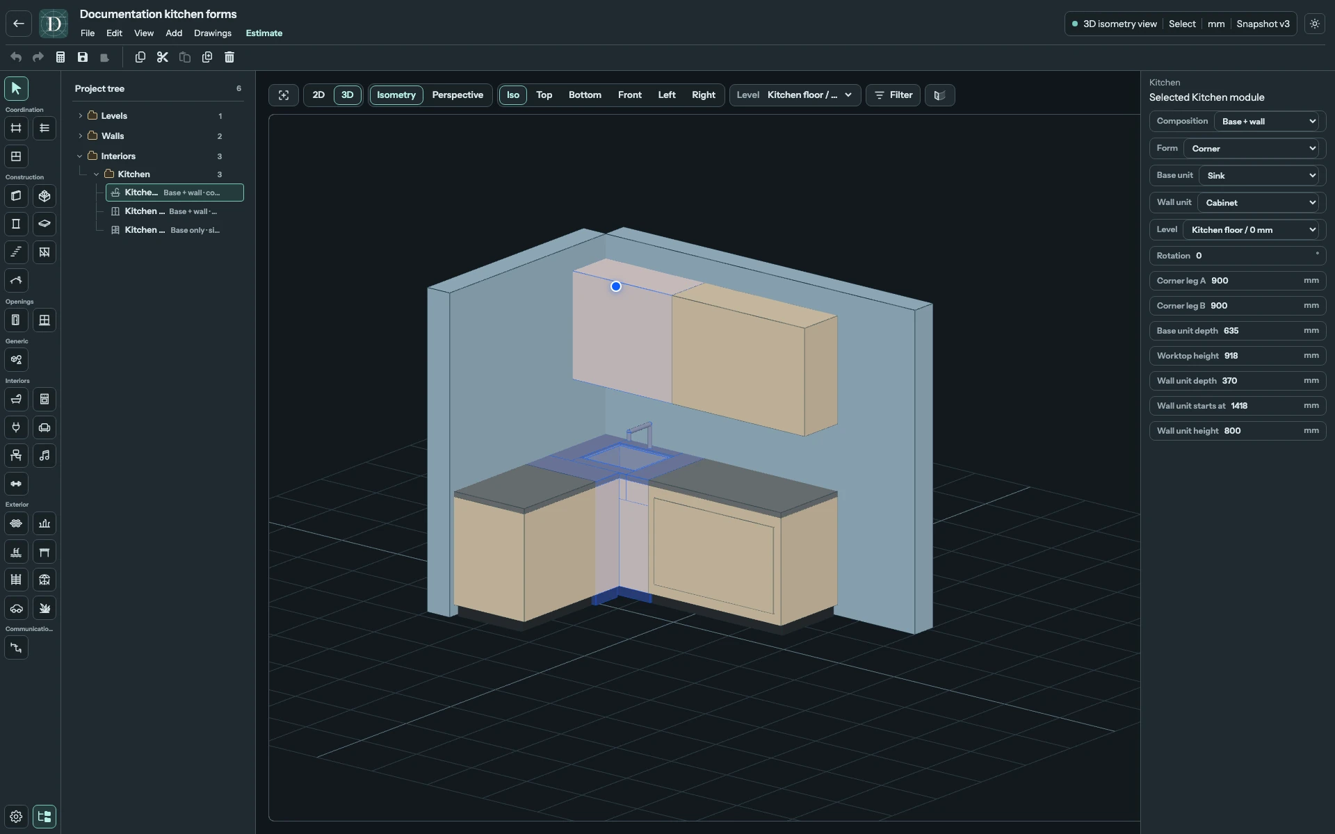 The sink module meets in the corner; its neighbours continue along the two walls. Full editor showing the same L-shaped kitchen in 3D with a Corner sink, a double cabinet and return drawers.