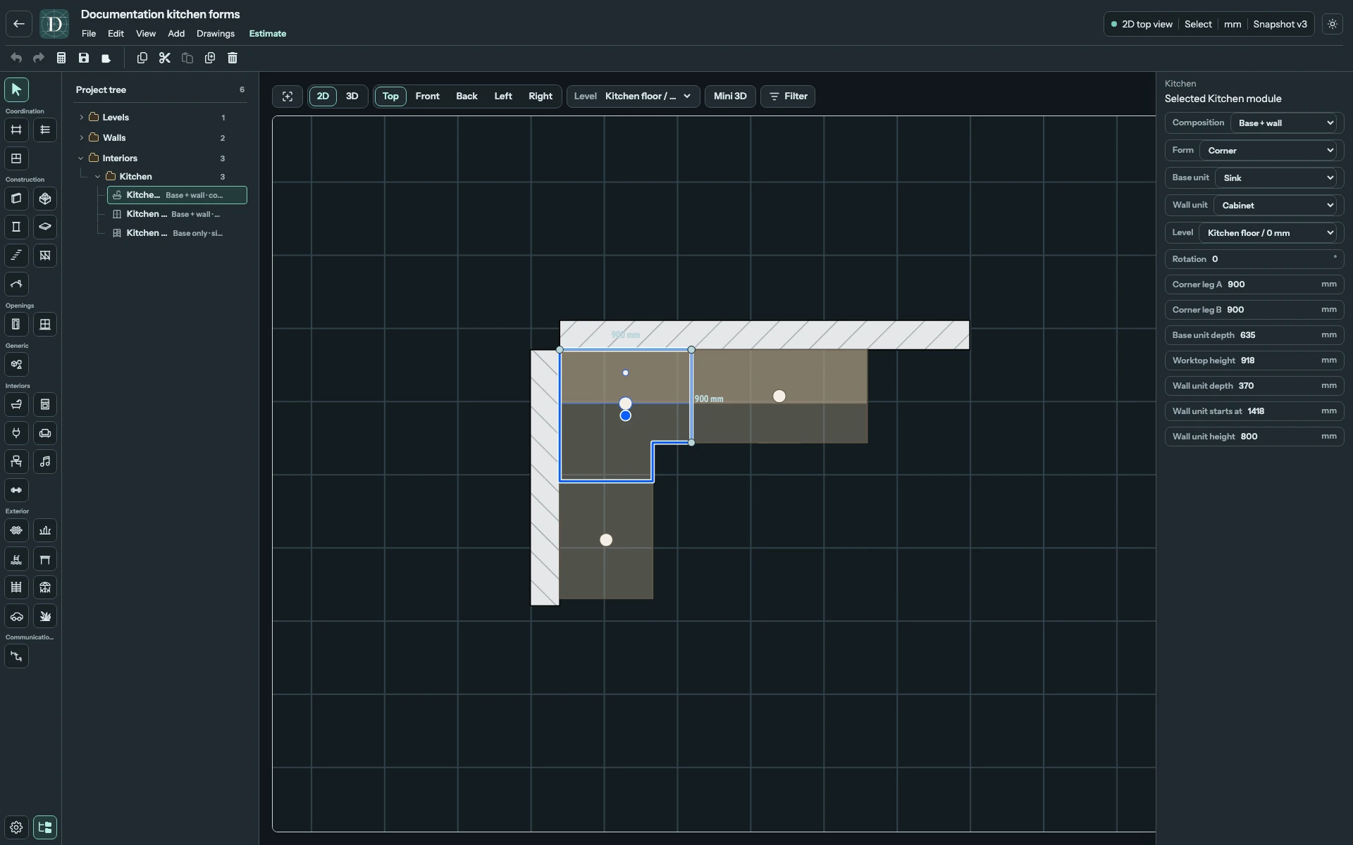 The Corner sink and adjacent straight modules form one layout while remaining separate objects. Full editor in Top 2D showing an L-shaped kitchen with a selected Corner sink and its two leg dimensions.