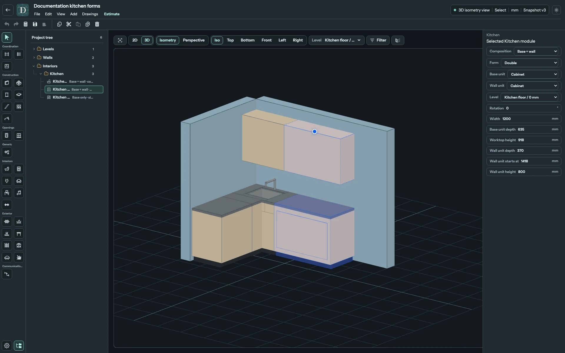 Double widens both the base and wall parts of this one module; it does not merge the neighbouring Corner sink into it. Full editor showing a selected Double cabinet in an L-shaped kitchen with Width 1200 mm and its other settings.