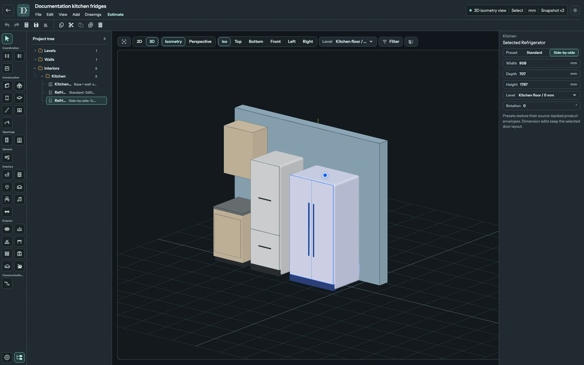 Compare the two door layouts and their different body widths. The right panel controls the selected Side-by-side appliance. Full editor showing a Standard bottom-freezer refrigerator on the left and a selected Side-by-side refrigerator on the right, beside a cabinet.