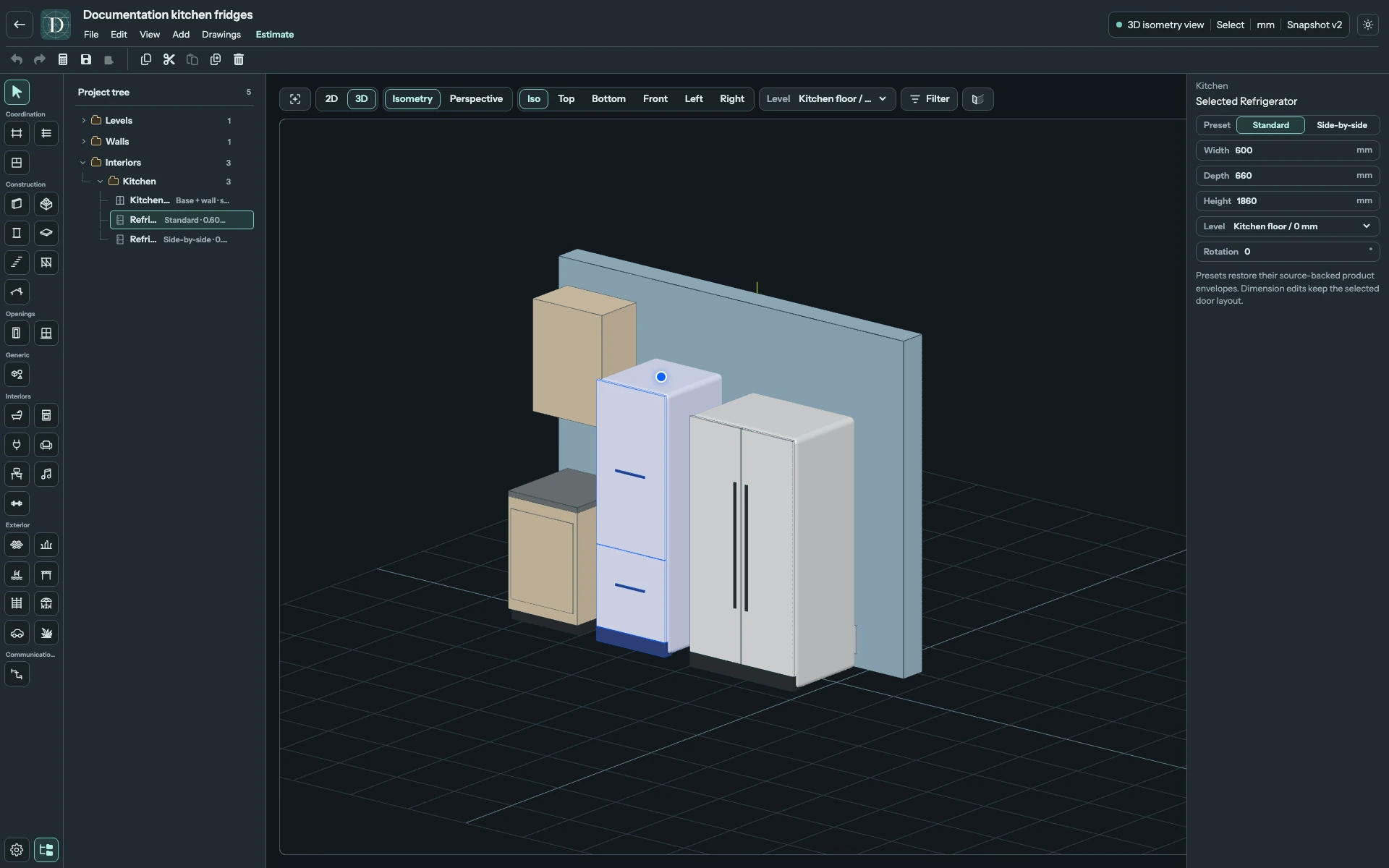 Standard is narrower and slightly taller than the Side-by-side starting model. The cabinet supplies a useful height comparison. Full editor with the Standard refrigerator selected in 3D, showing its upper door, lower freezer door and dimension controls.