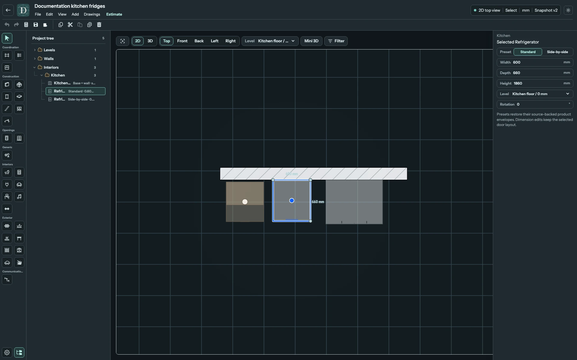Top makes the width and depth difference clear. Use 3D to inspect the doors and the full height. Full Top editor showing the Standard and Side-by-side refrigerator footprints beside a Kitchen module, with their rear edges aligned along the wall.