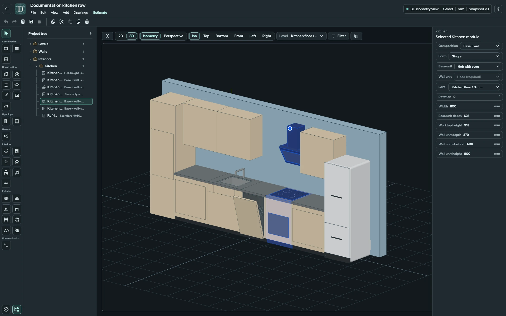 The 3D view shows cabinet fronts, worktop, sink, open dishwasher and hood. The right panel belongs to the selected hob module. Full editor showing a close 3D view of seven kitchen elements in a continuous row against a wall, with the hob and hood selected.