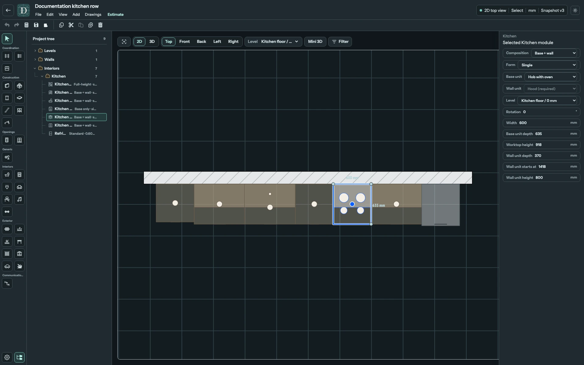 Top shows module footprints and their alignment along the wall. Compare it with the 3D view to identify the contents. Full editor showing the same kitchen row in Top 2D with the hob selected and its configuration visible.
