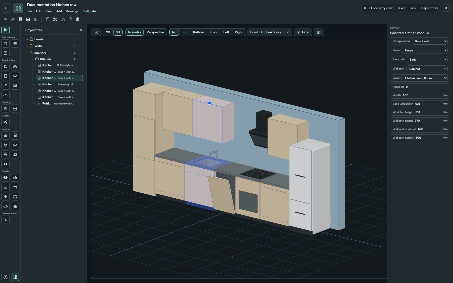 Base depth, worktop height and upper-unit starting height are separate controls. Full editor showing the kitchen row with the sink selected and its base and wall dimensions visible.