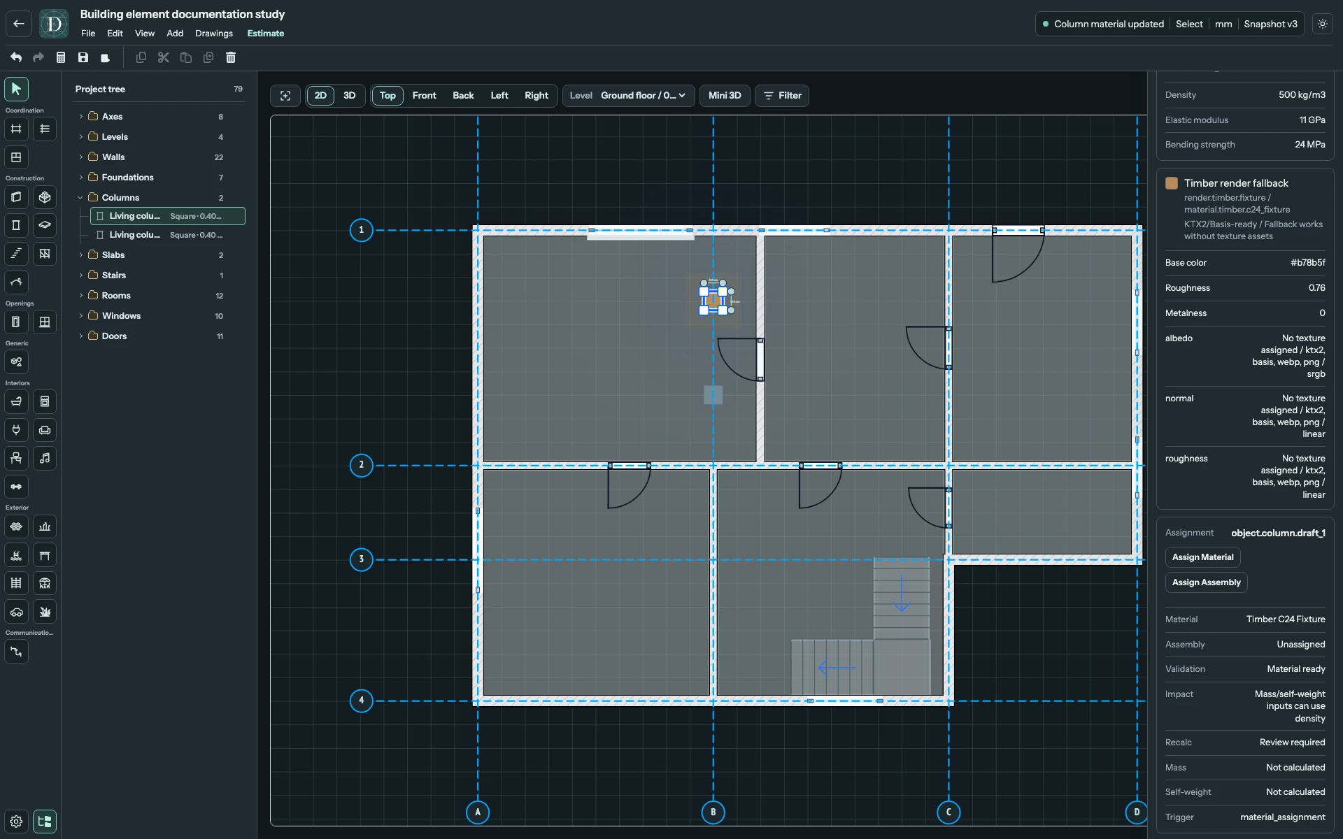Complete editor with a Column selected and its assigned Timber material and recalculation information in the catalog.