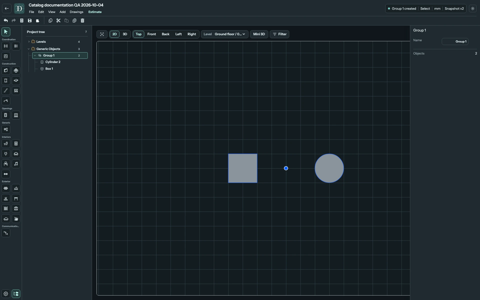 Grouping changes selection and shared transforms while keeping the two Shape geometries. Complete editor with a selected Generic Group containing a Box and Cylinder, one center handle and the nested Project tree.