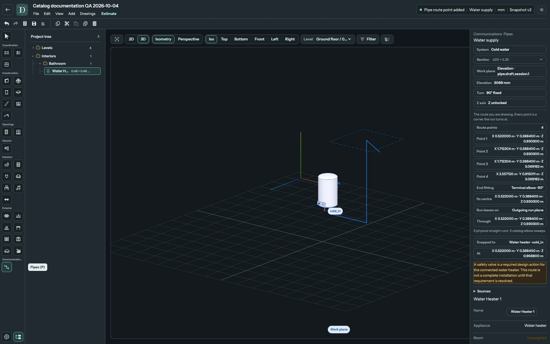 Complete editor showing the Water heater cold_in connection, three straight runs, two direction changes and the draft's coordinates in 3D.