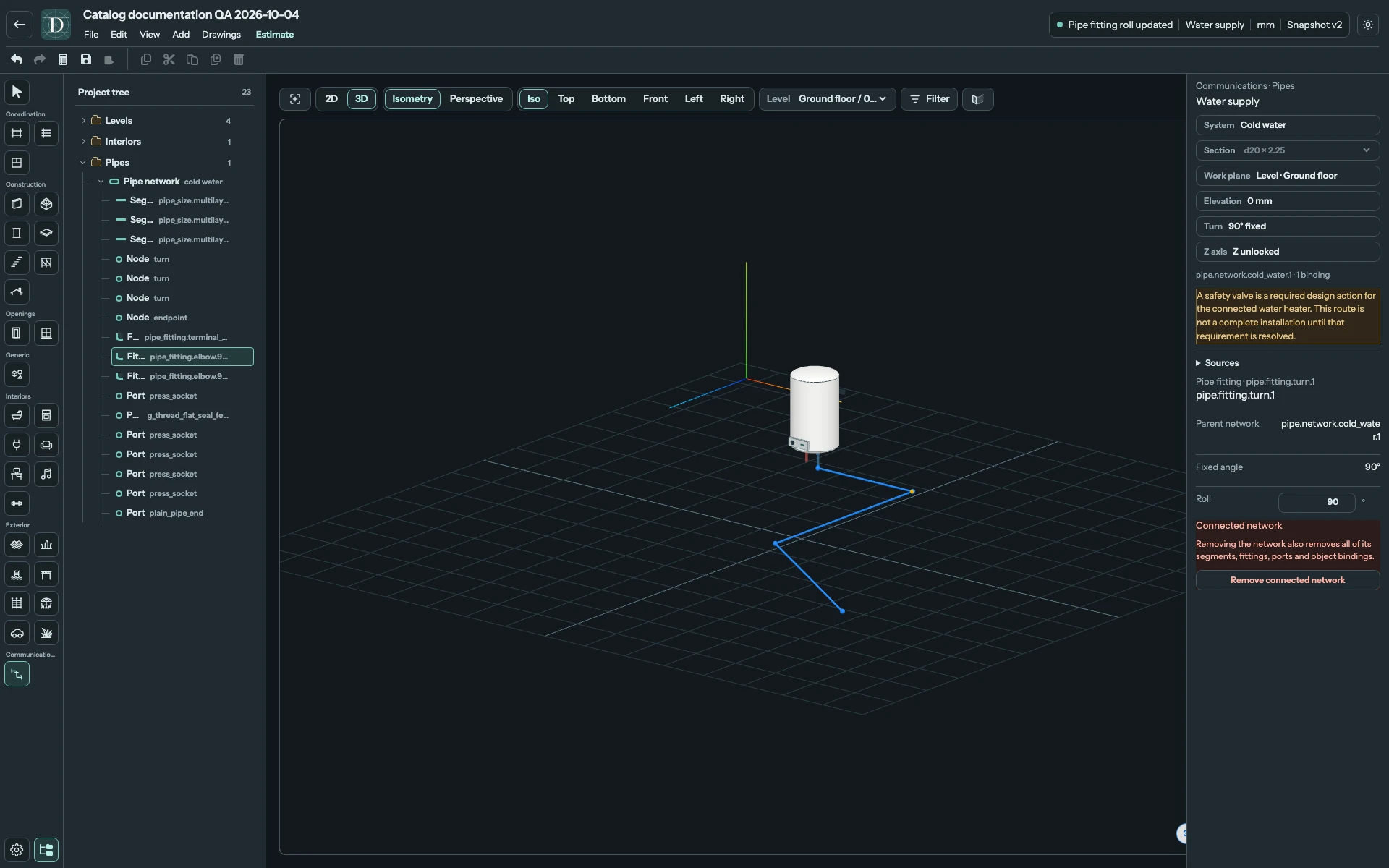 Complete editor showing the selected turn fitting, Fixed angle 90 degrees, Roll 90 degrees and the resulting downstream route.