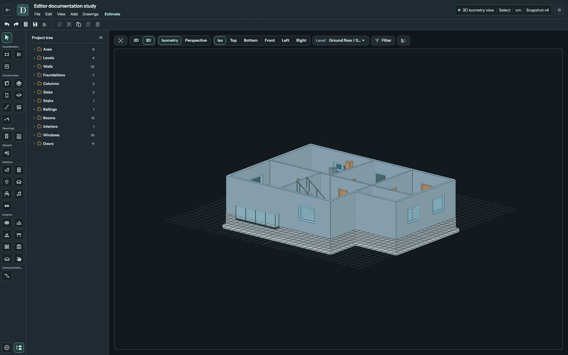 The complete editor in 3D with its projection, camera presets and active Level controls visible.