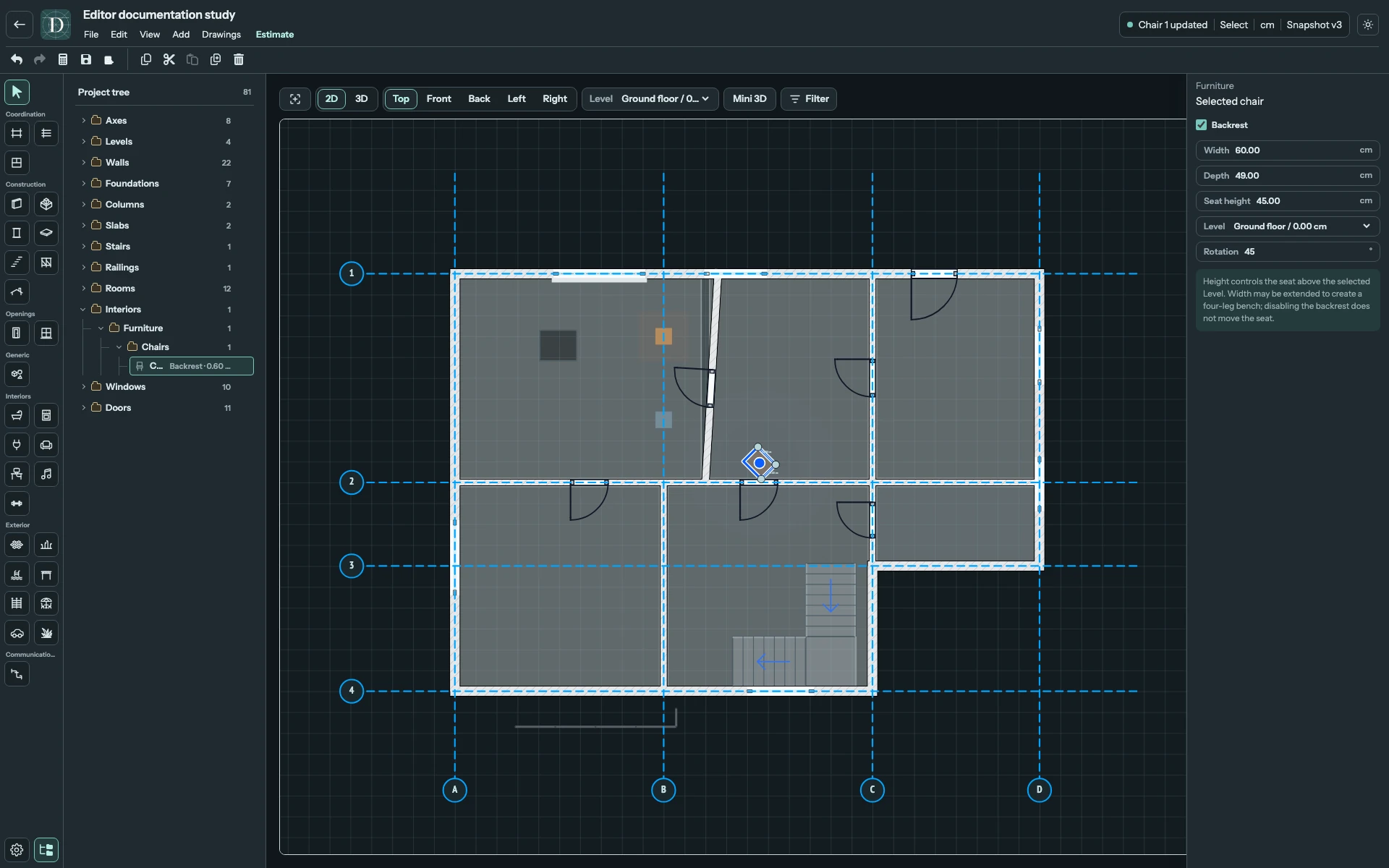 The complete editor after a Chair has been moved, rotated and widened using its available controls.