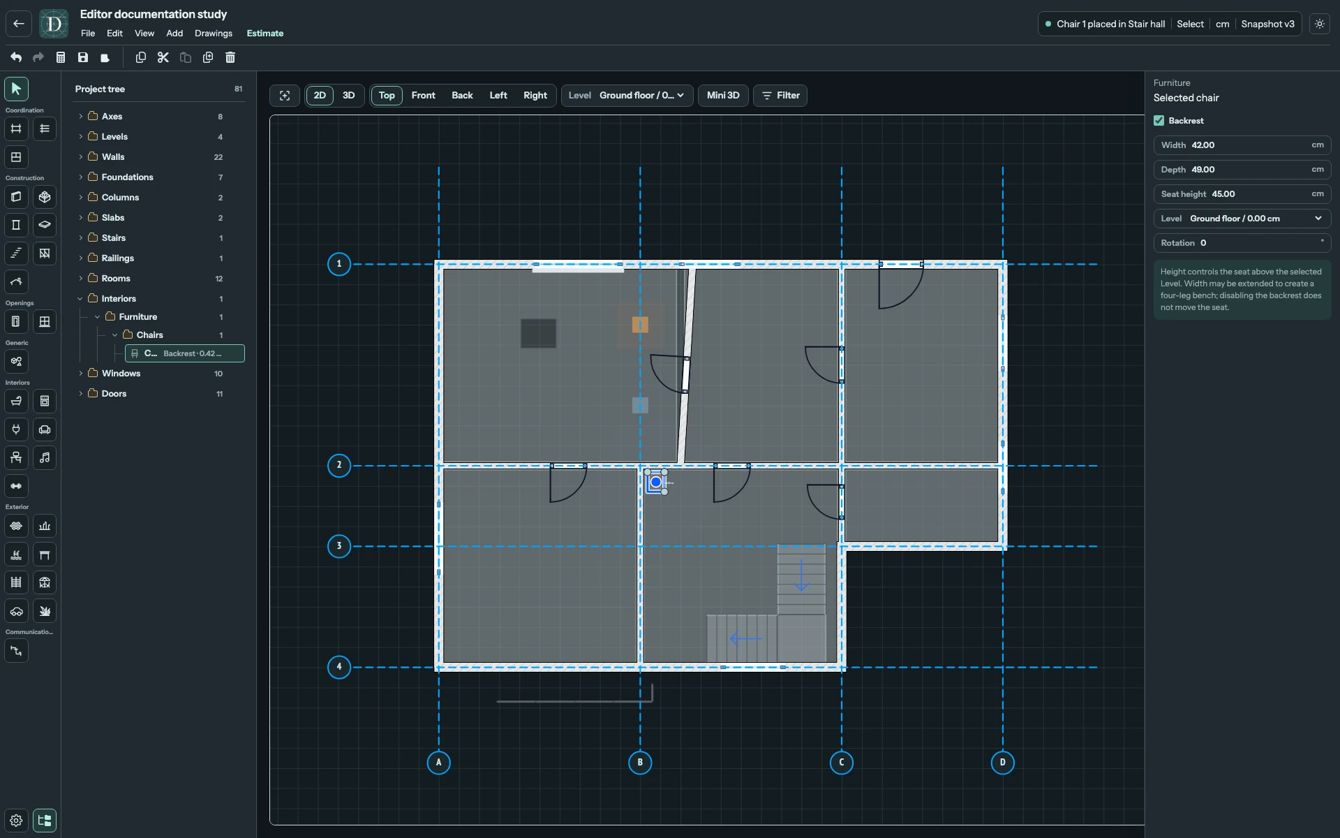 The complete editor before editing the Chair, with Width 42 cm and Rotation 0 degrees in its properties.