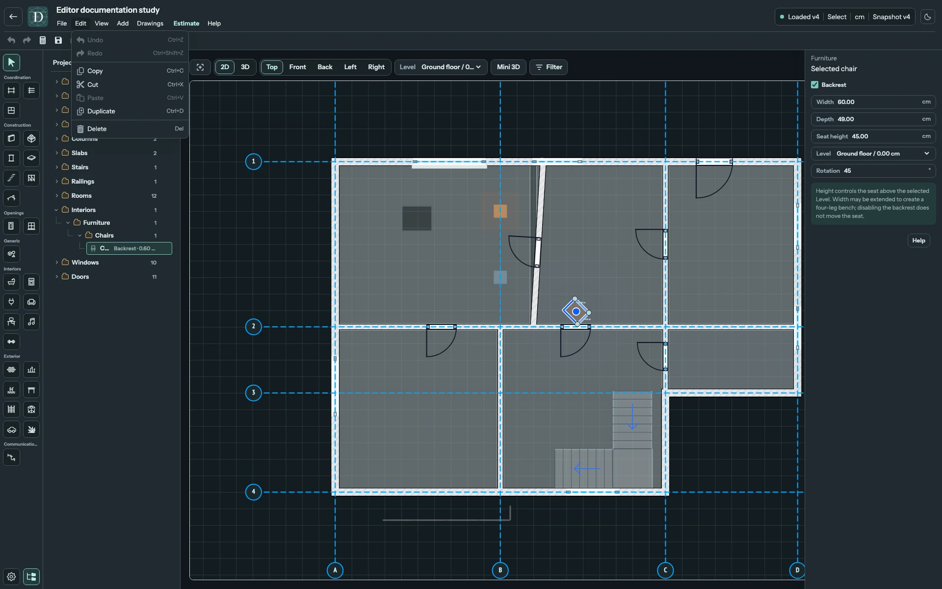 The complete editor with a selected Chair and enabled Edit clipboard commands.