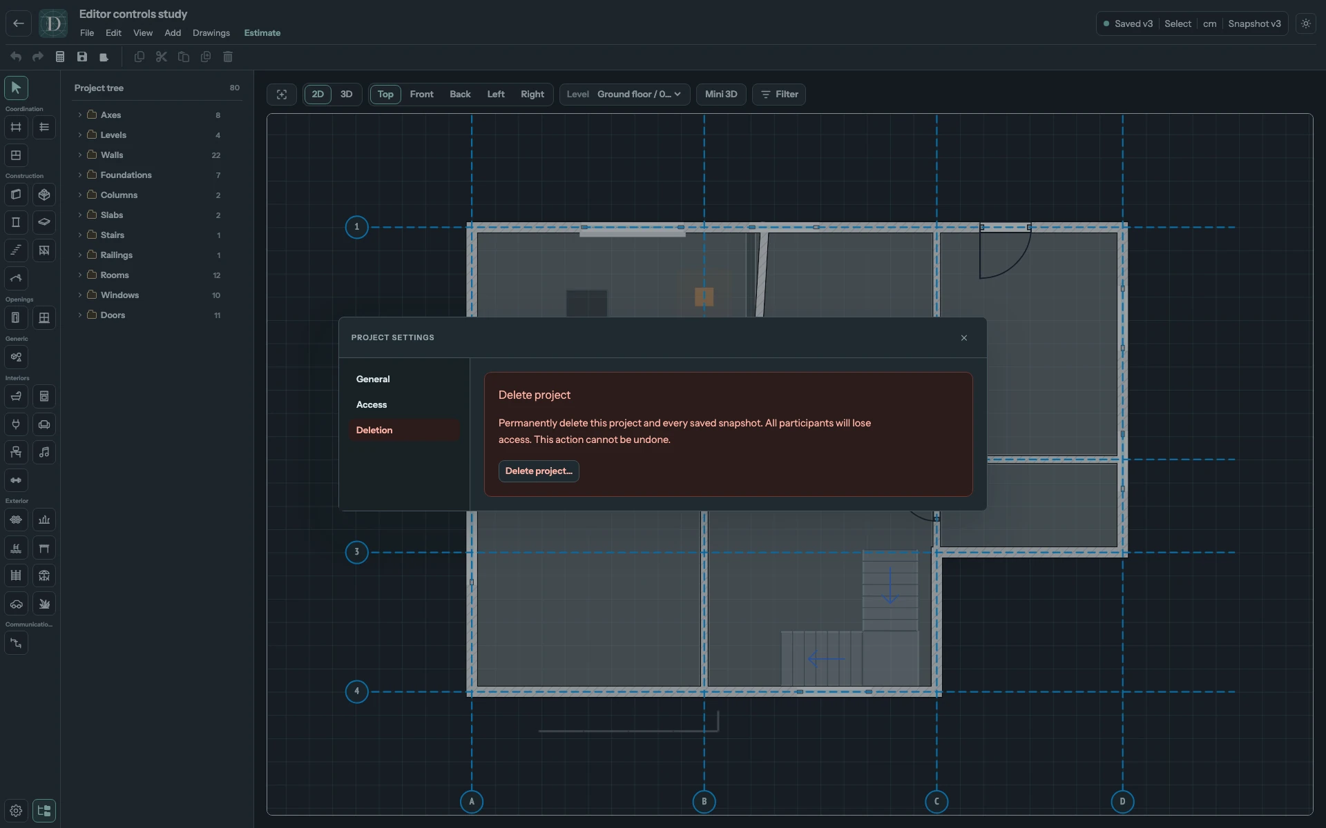 The complete editor with Project settings open to Deletion, explaining permanent removal and loss of access for participants.