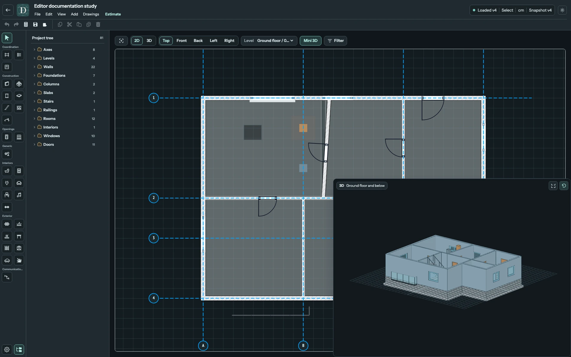 The entire editor with Mini 3D open beside the plan and its size and reset controls visible.