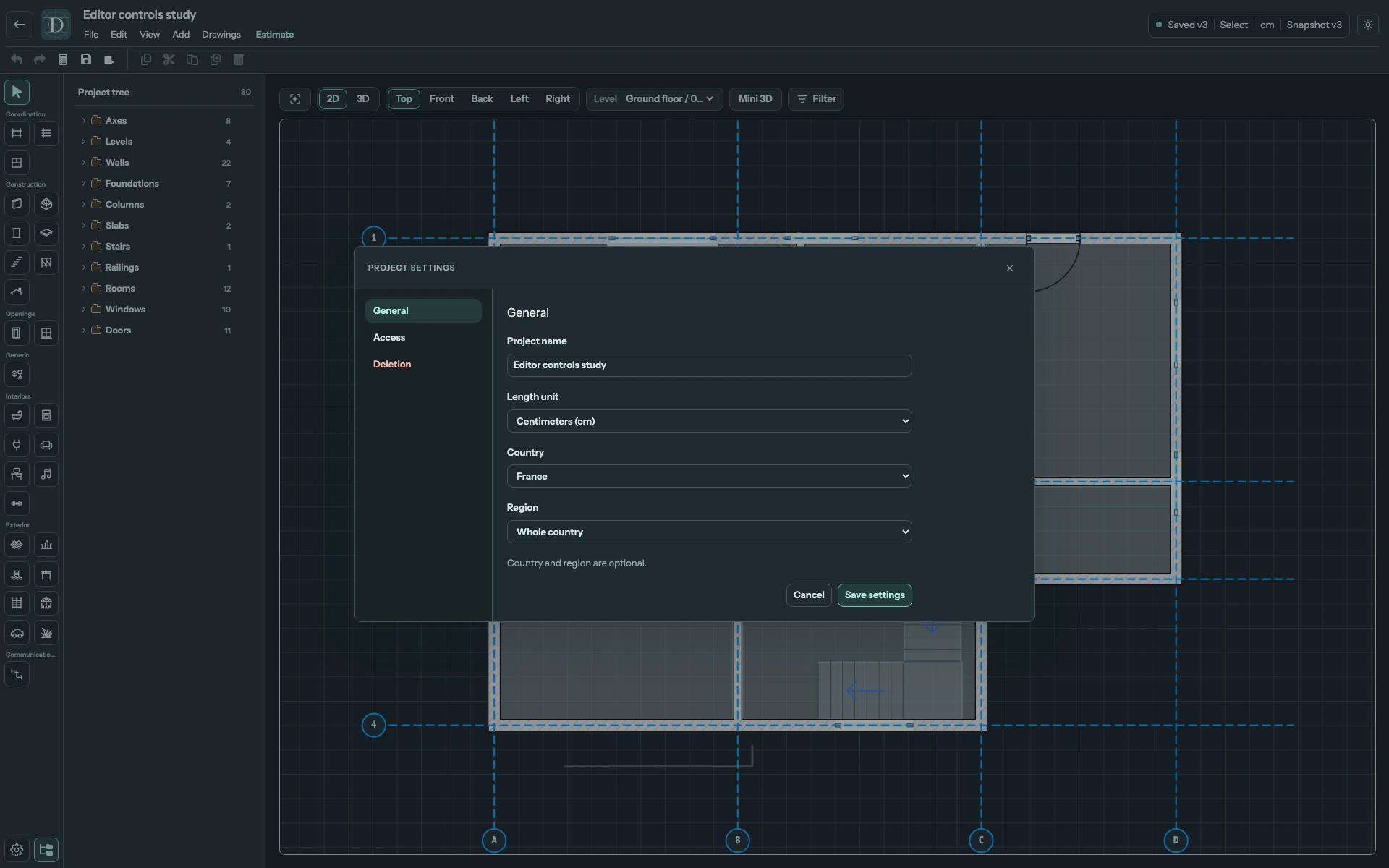 The complete editor with General project settings and the name, unit and location controls.