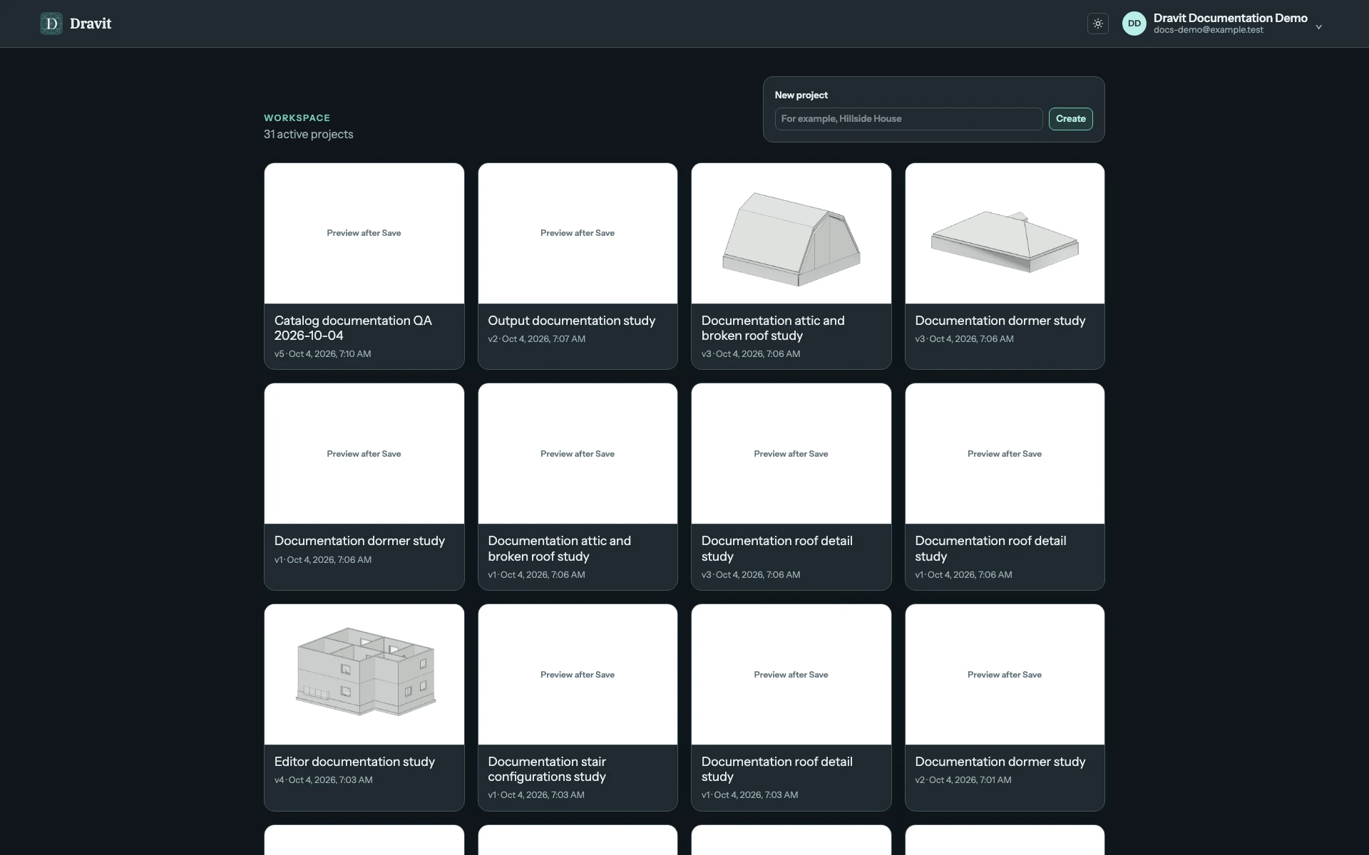 The Workspace with a New project form above project cards and their saved snapshot information.