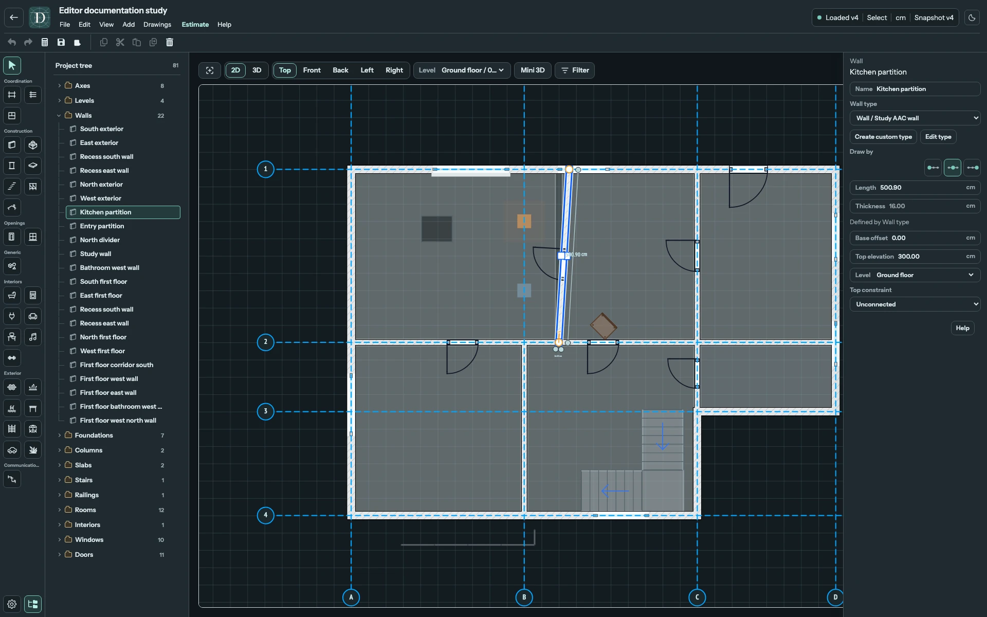 The five working areas remain connected to the same model and selection. The complete editor with its header, tool rail, Project tree, viewport and properties panel.