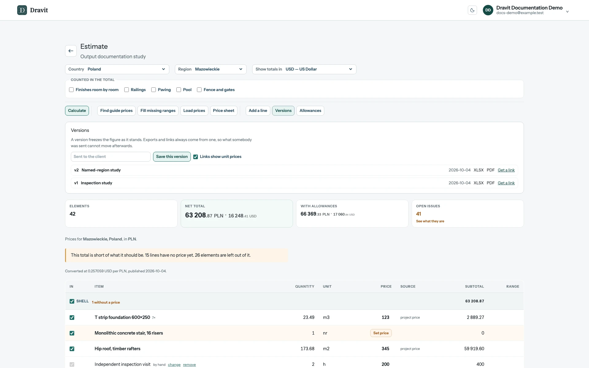 The estimate workspace with a named saved version and its XLSX, PDF and Get a link actions.