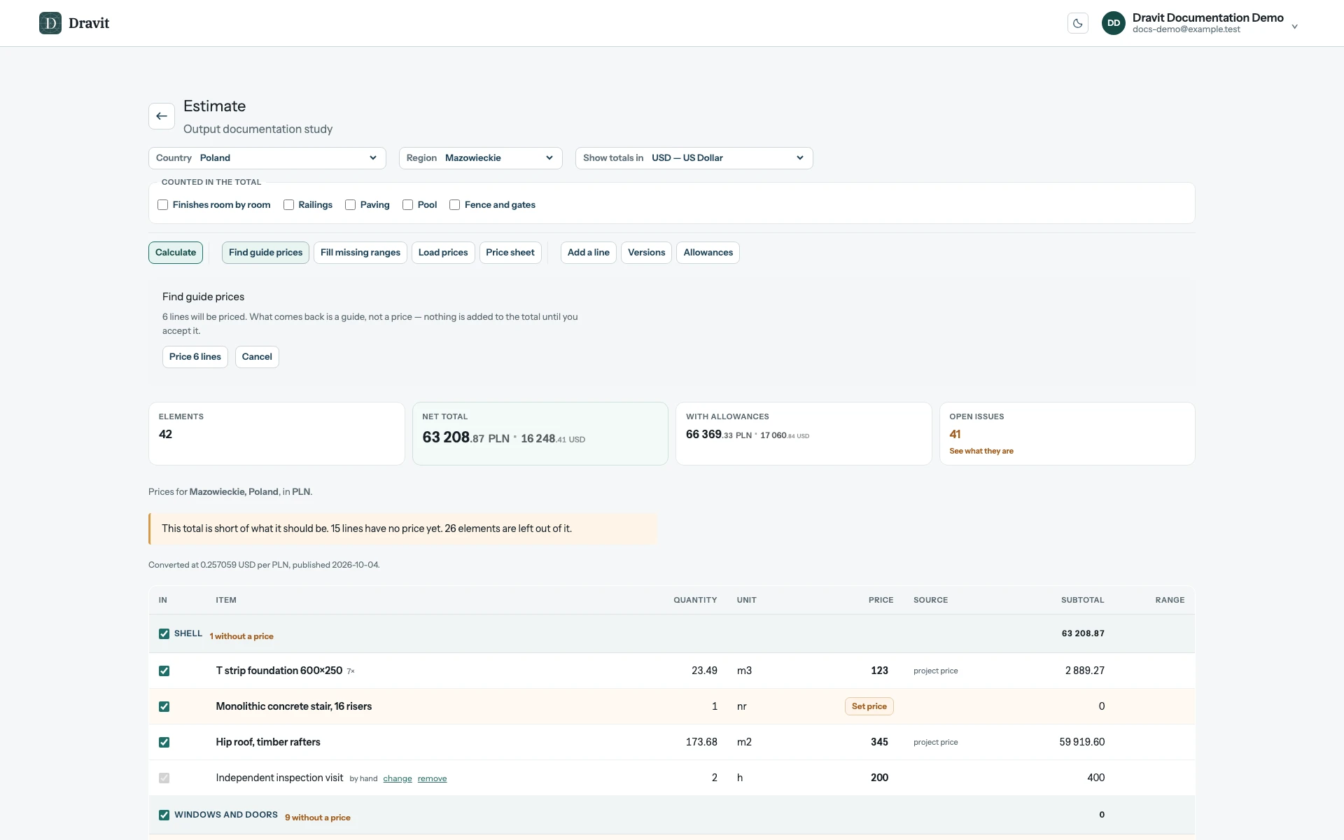 This example's plan counts the missing lines in this model. The count is not a setting to copy. The estimate workspace with the guide-price plan awaiting confirmation.