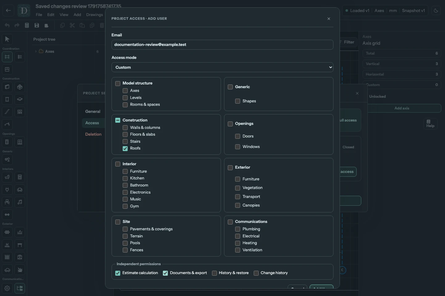 The complete editor with Add User set to Custom, Roofs editing and separate estimate and document switches checked.