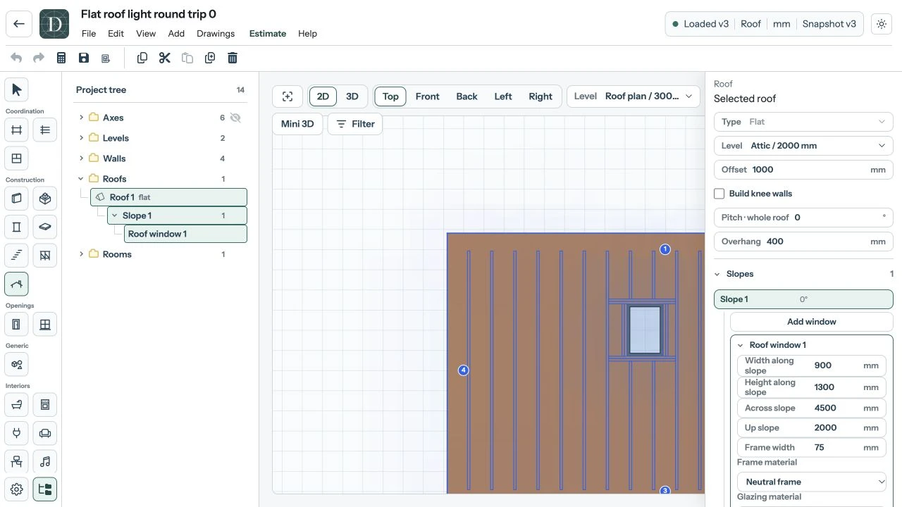 The joists keep their spacing and stop at the opening's headers. These dimensions belong to this saved example; choose sizes for your own project. Complete light-theme Top editor showing a horizontal Roof window interrupting joists on their original lines.