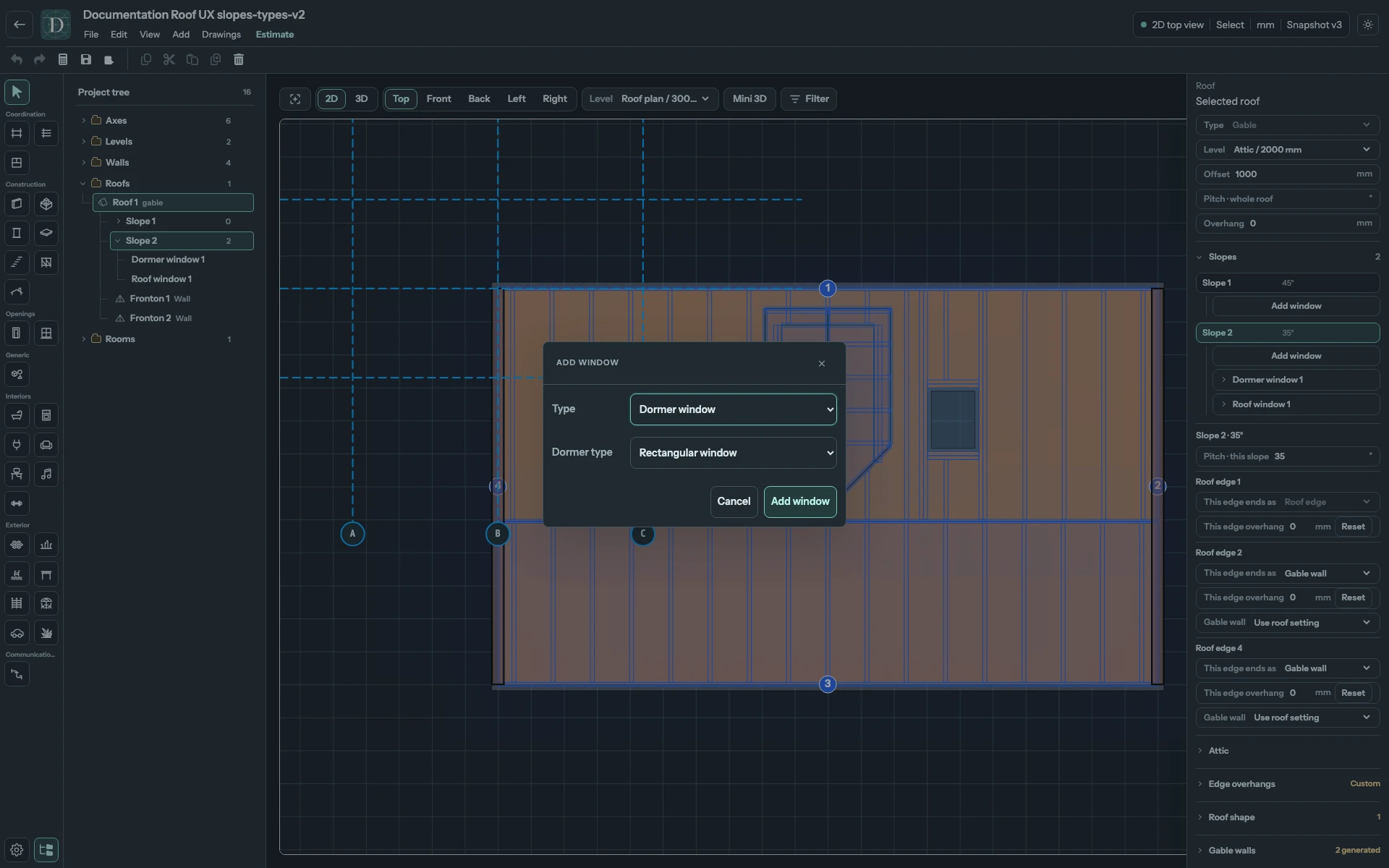 Add window dialog with Type and Dormer type selects, and standard Cancel and Add window buttons.