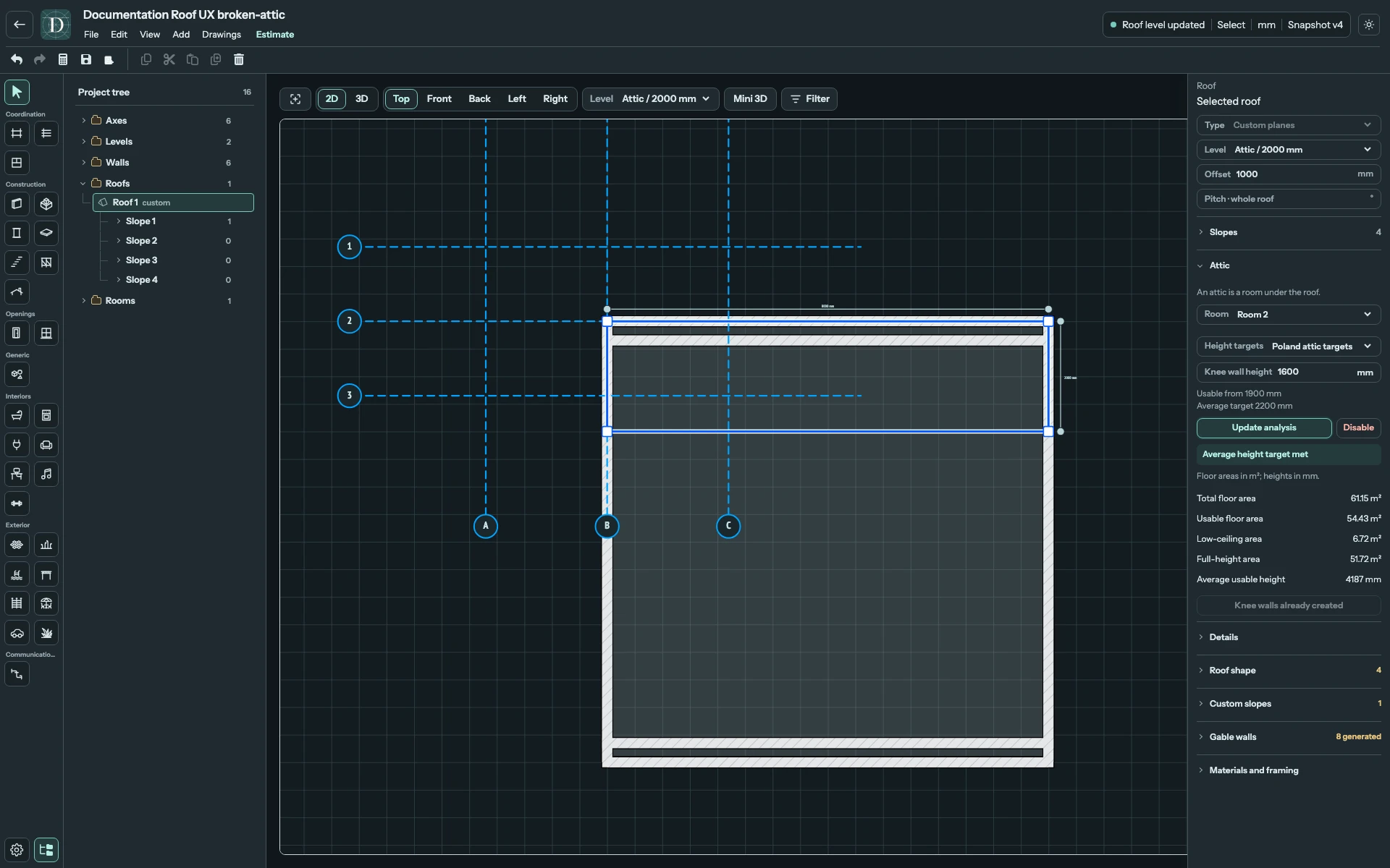 The Roof stays selected. The results are areas in m² and a height in the project's length unit; each occupies one table row. Complete Top editor with the Roof selected, a Room chosen in Attic and the five floor-area and ceiling-height results visible.