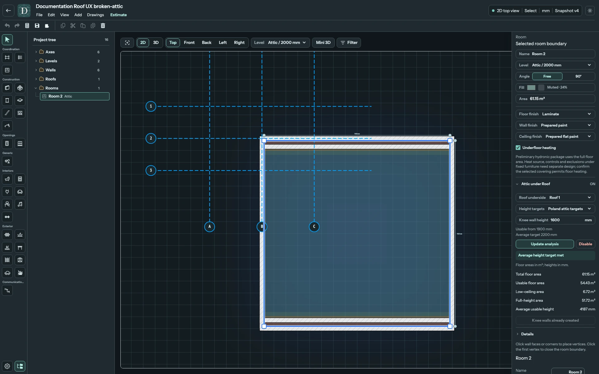 Selecting the Room exposes the headroom zones. Height targets and dimensions are this example's choices, not mandatory settings for another project. Complete Top editor showing a Room's headroom bands, height targets and five-row results table.