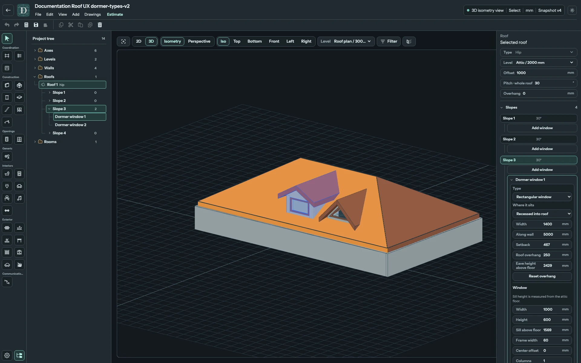 Complete 3D editor showing the rectangular dormer's frame, glazing, front overhang and connection to the main roof.