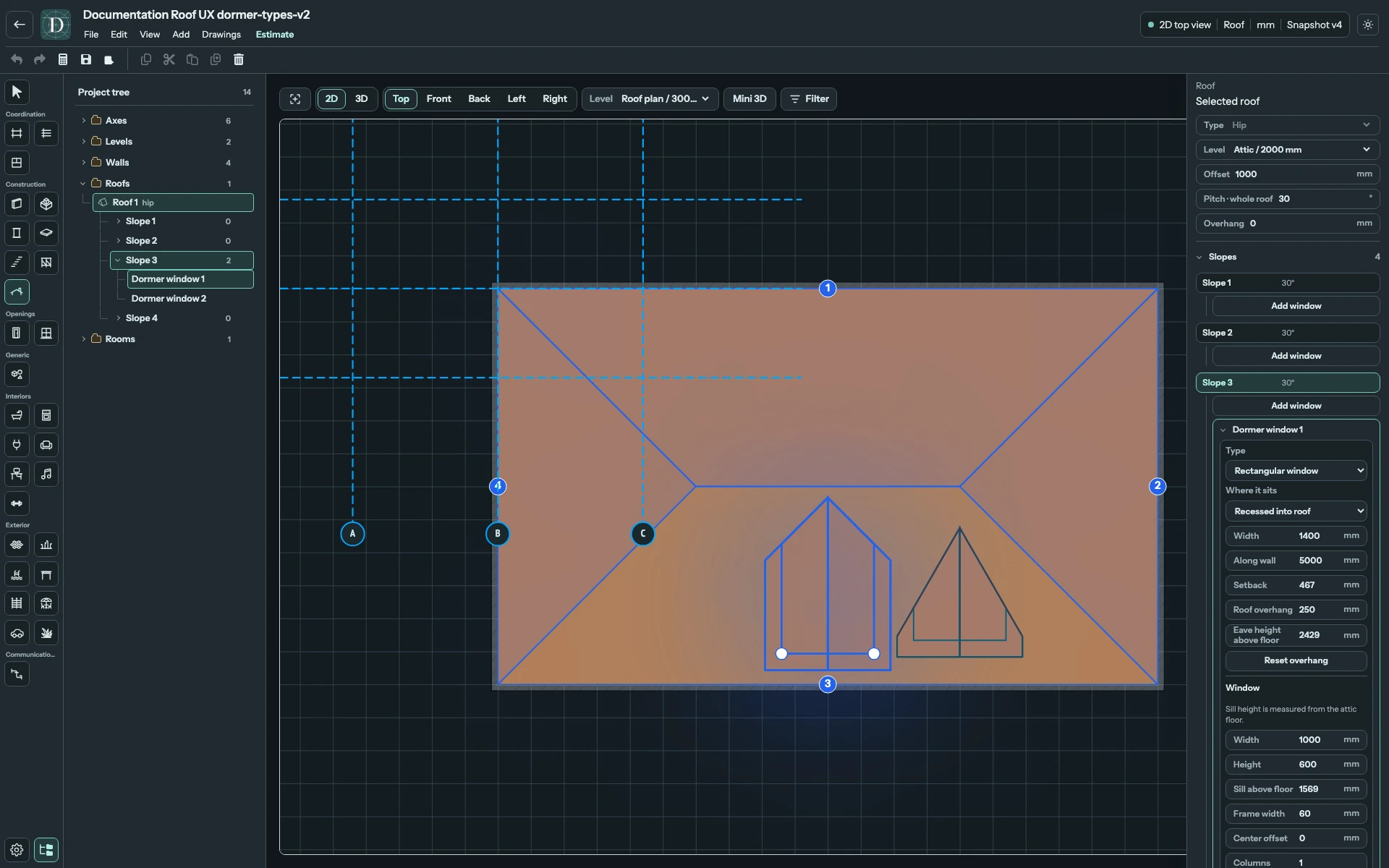 Complete Top editor with the rectangular dormer selected and its settings nested inside the supporting slope.