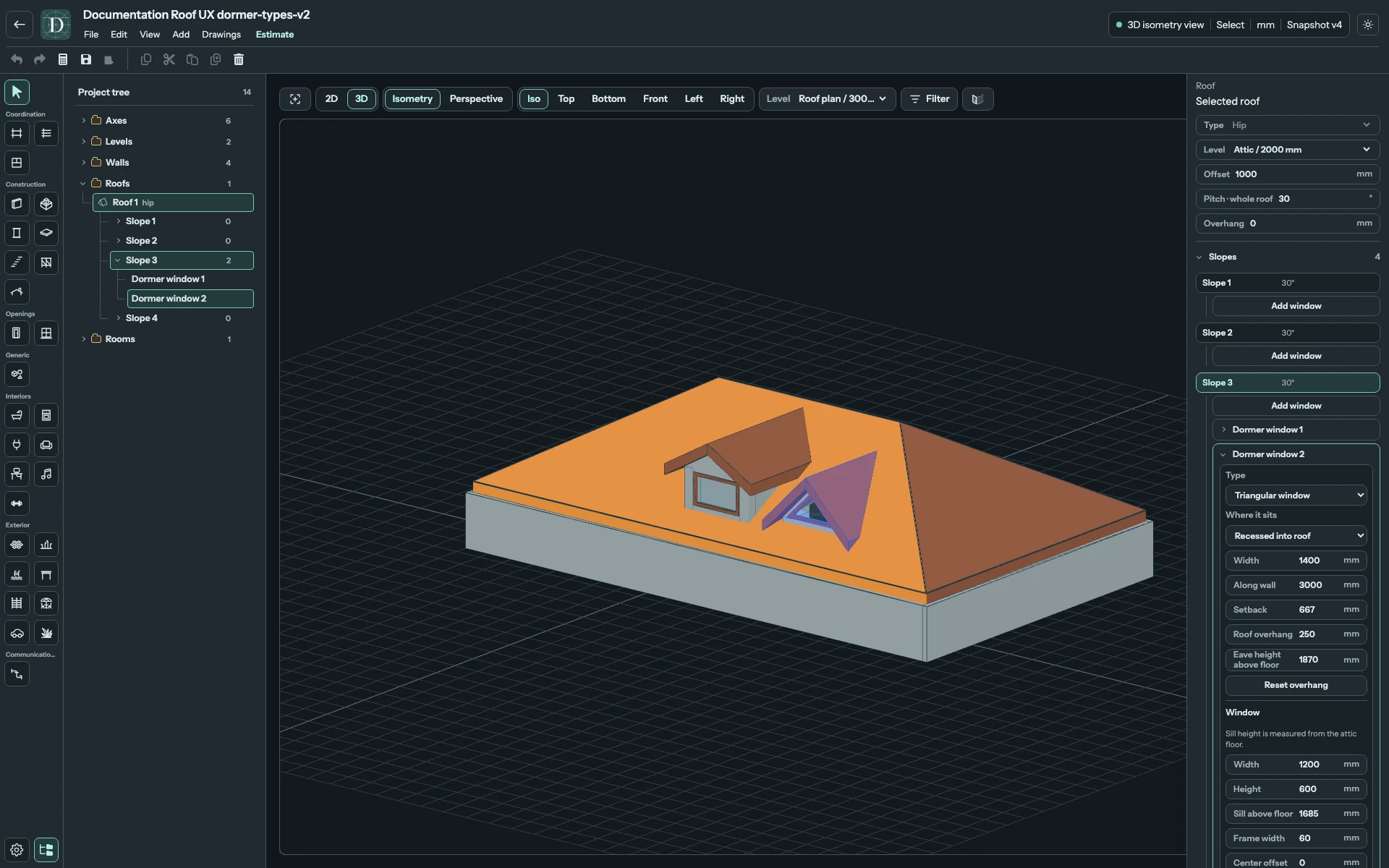 Complete 3D editor showing a triangular dormer's small roof meeting the main roof beside the rectangular example.