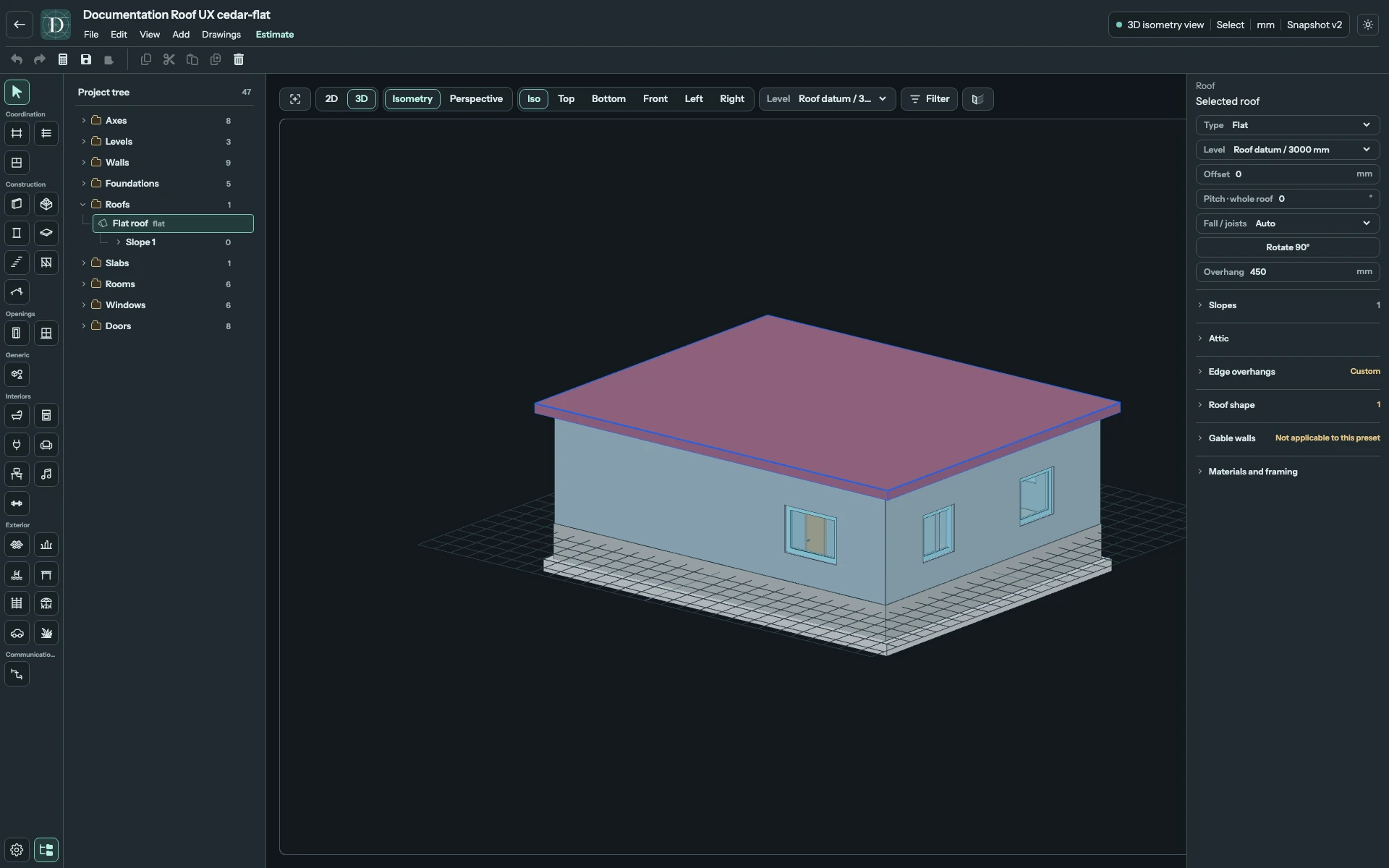 Complete editor showing a horizontal Flat roof over the roof study.
