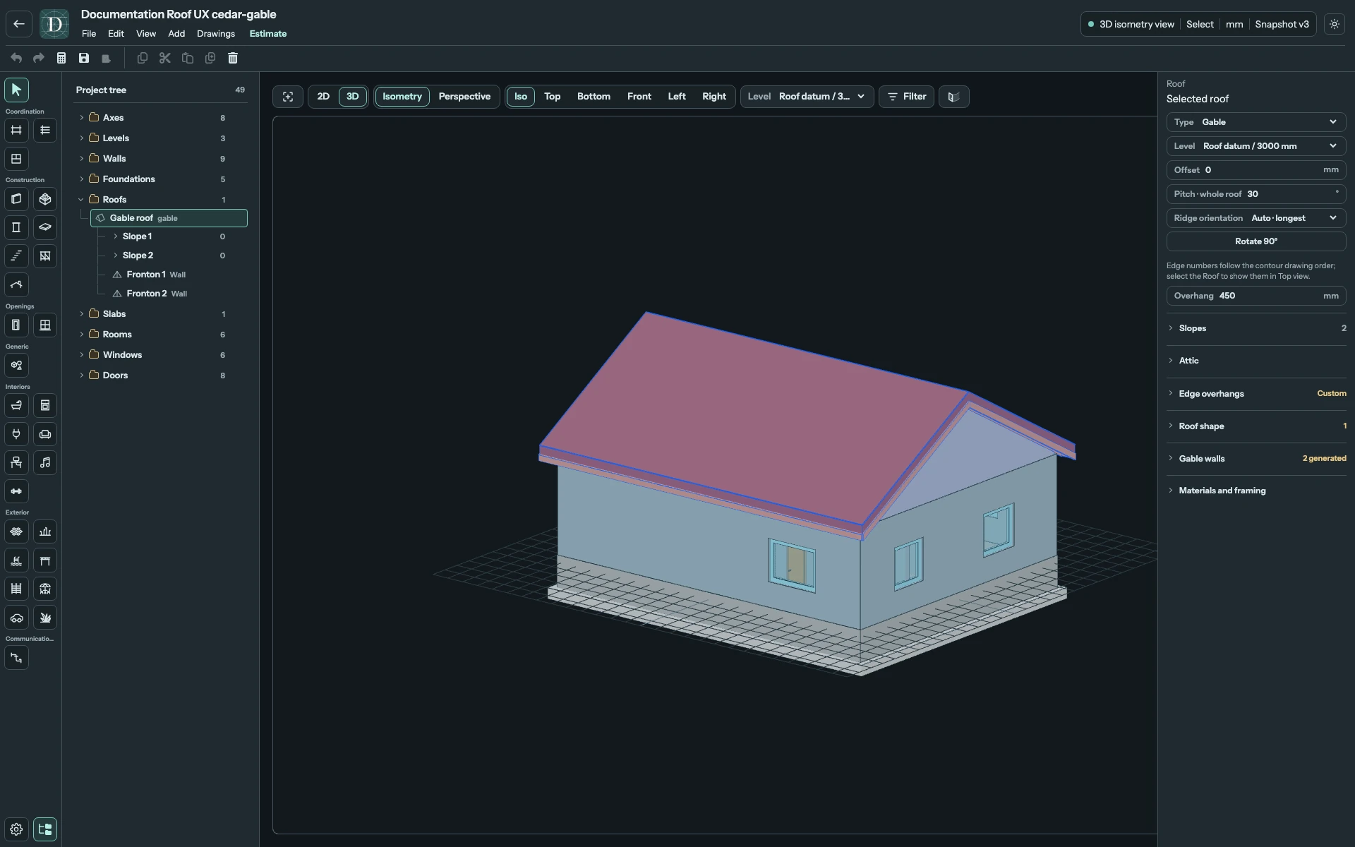Complete editor showing a Gable roof with two inclined surfaces meeting at a ridge.