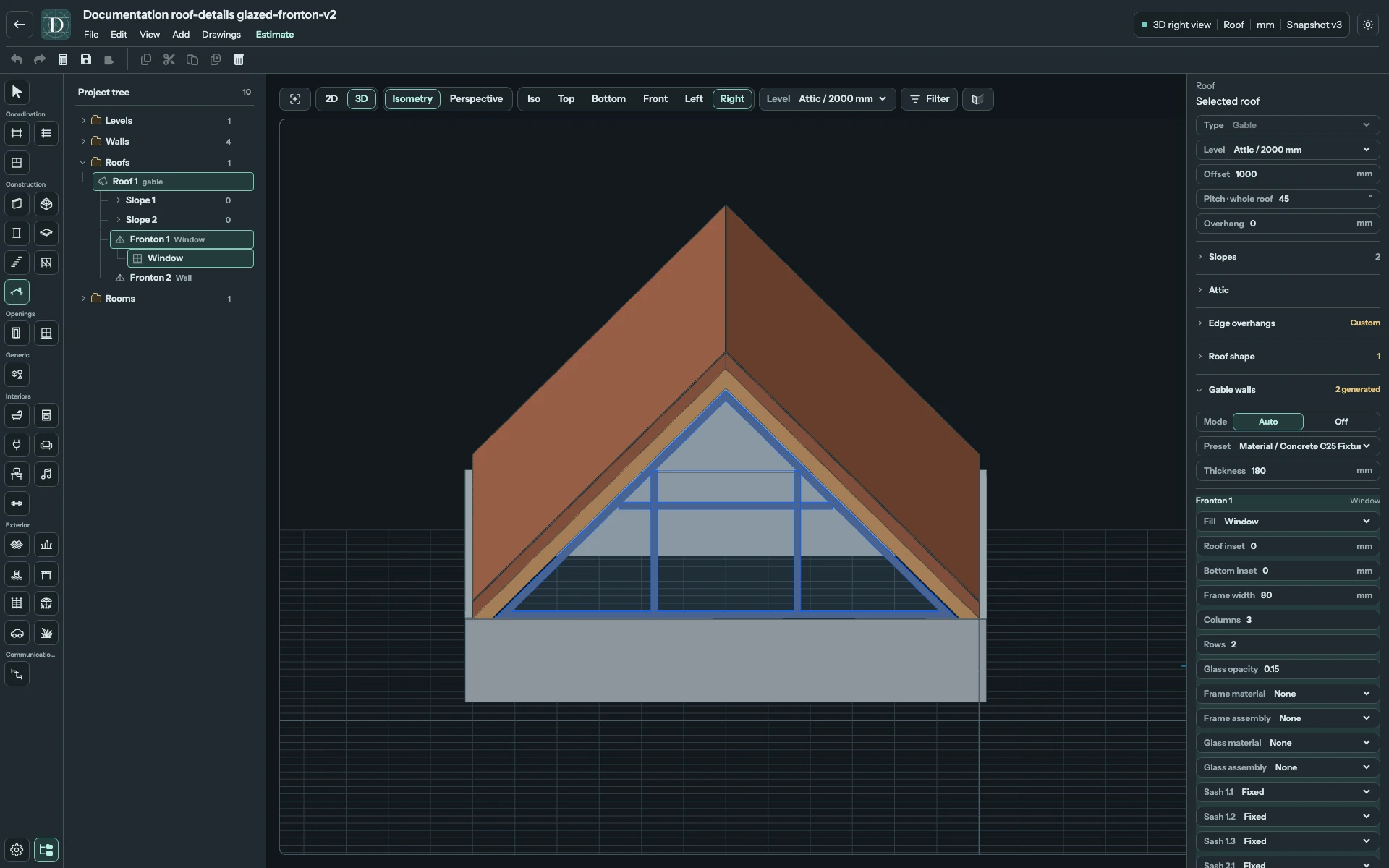 Complete editor focused on a glazed Gable end with three columns, two rows and the selected Fronton's window controls.