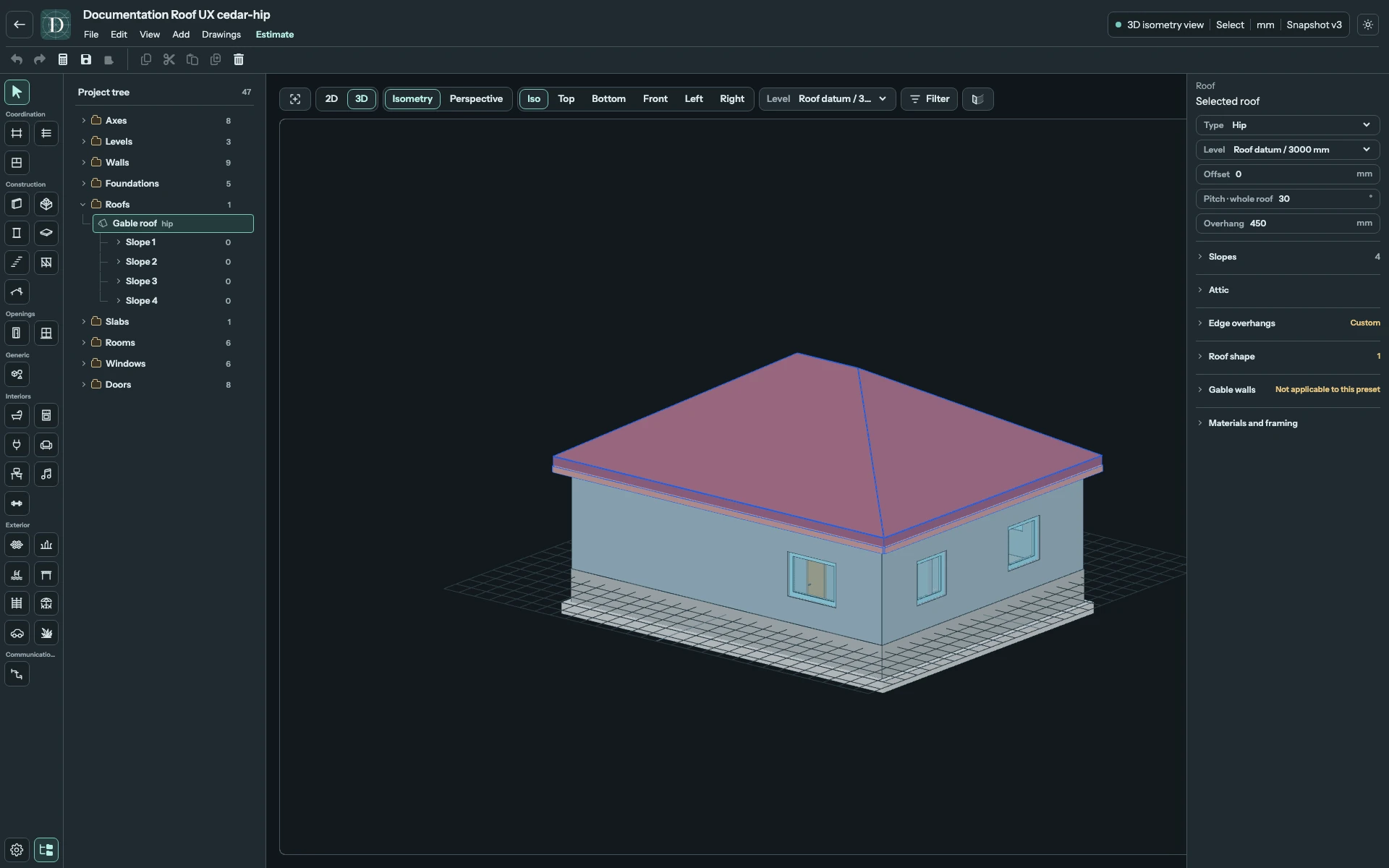 Complete editor showing a Hip roof with slopes descending to all four outer edges.