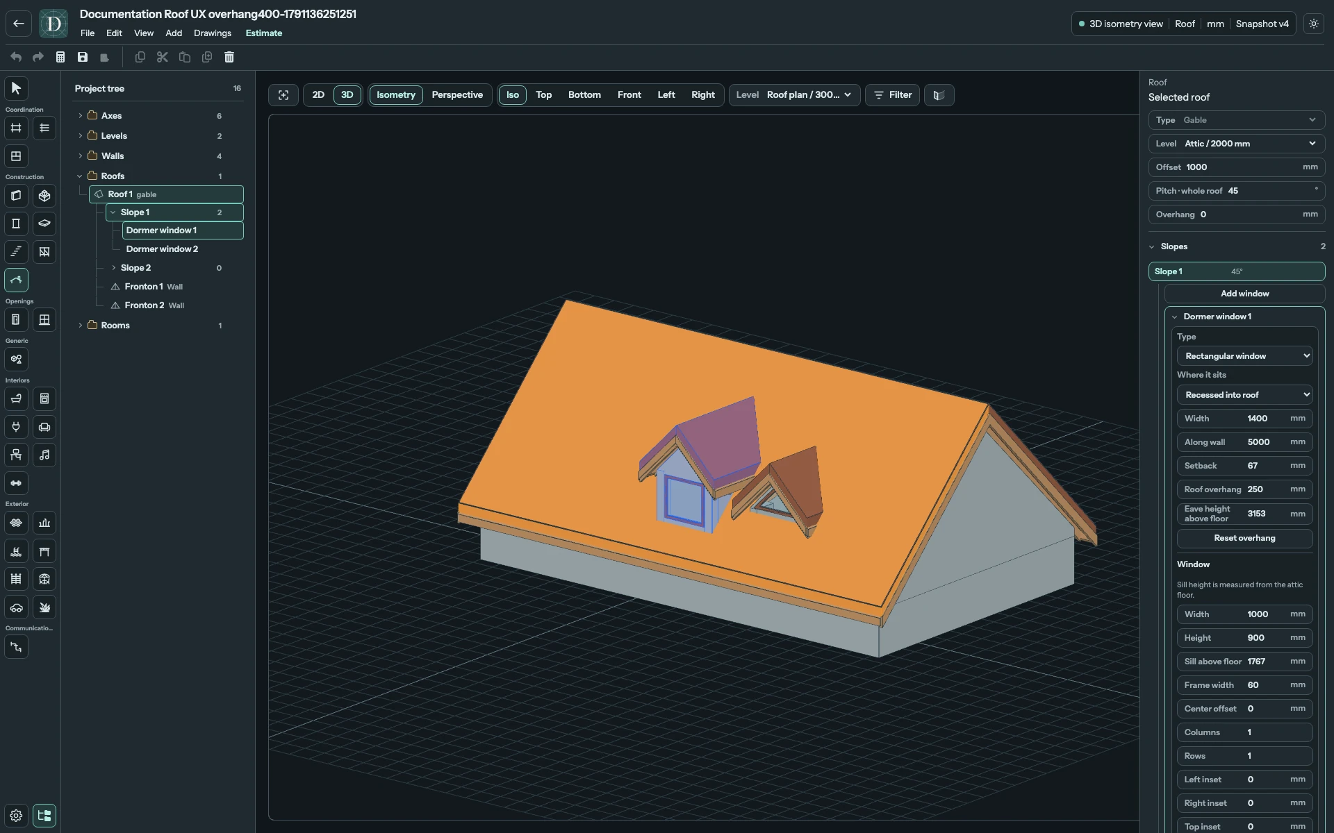 Both dormer shapes in a separate Gable example after changing all four main roof edge overhangs from zero to 400 mm and reopening the saved project.