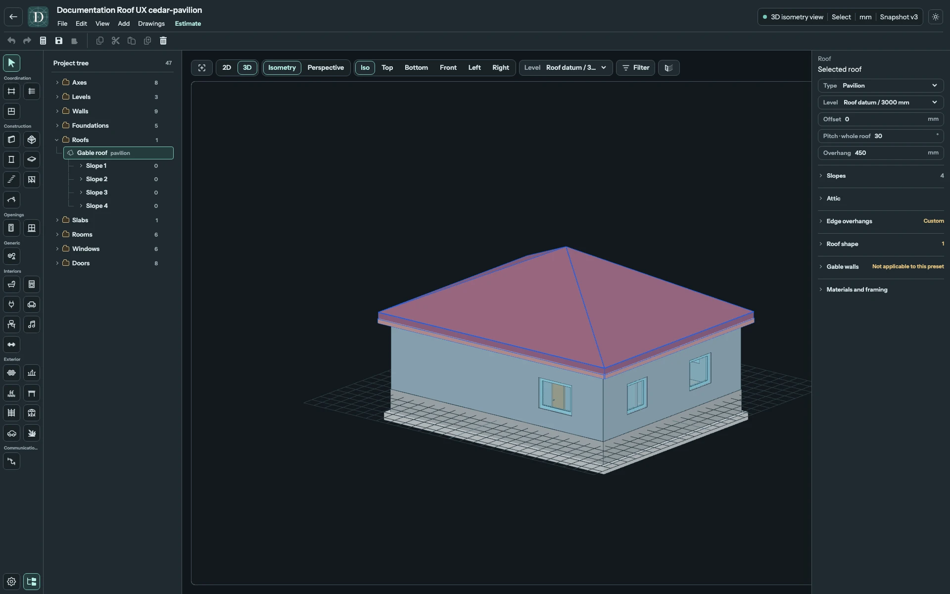 Complete editor showing a Pavilion roof whose slopes converge at one apex.