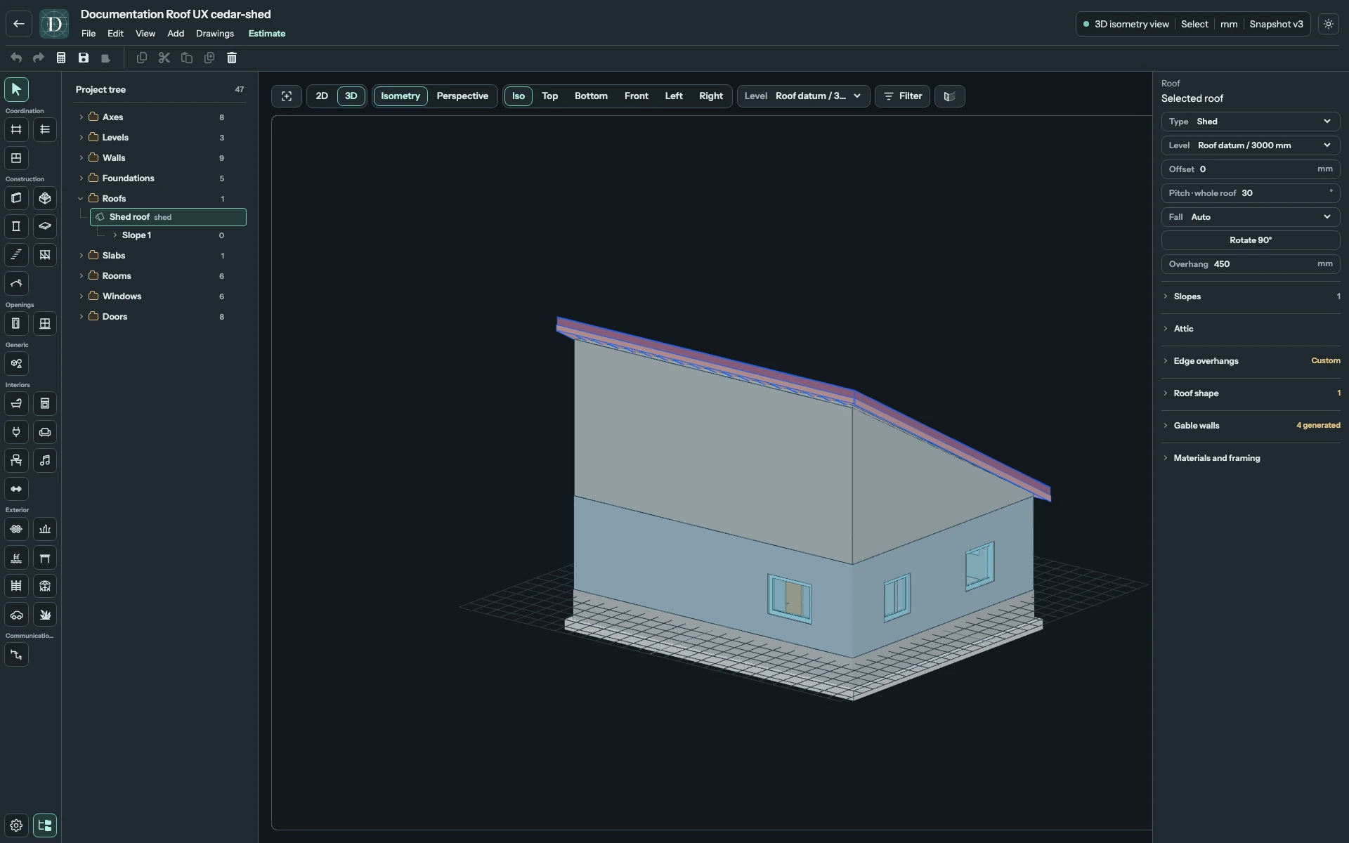 Complete editor showing the single sloping surface of a Shed roof.