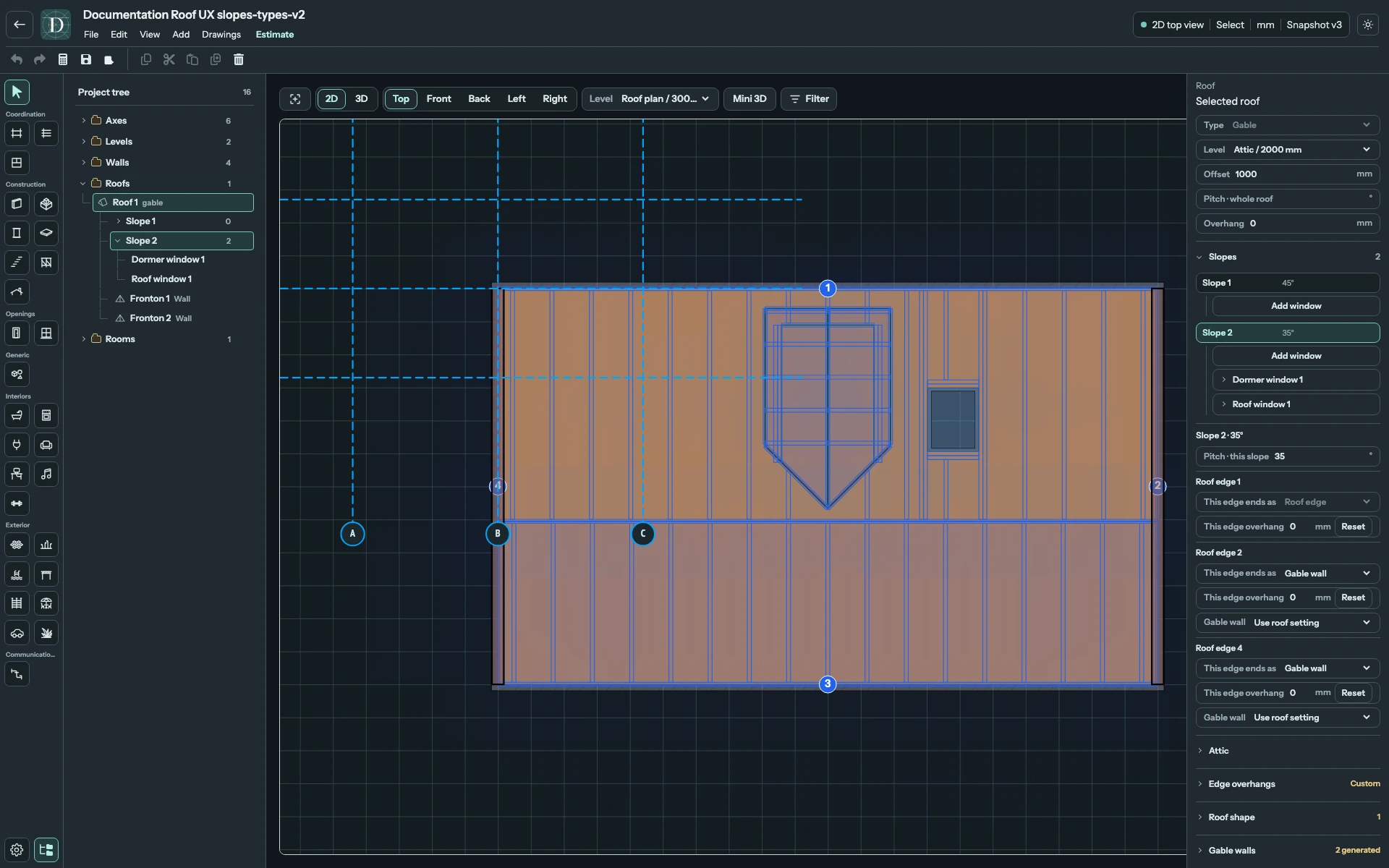 Complete Top editor showing the selected Gable slope, its filled surface and hosted window rows.
