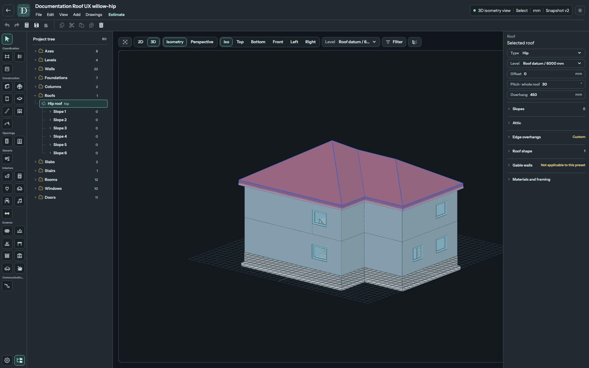 The complete Willow House editor in 3D with the Hip Roof selected over the L-shaped two-storey building.